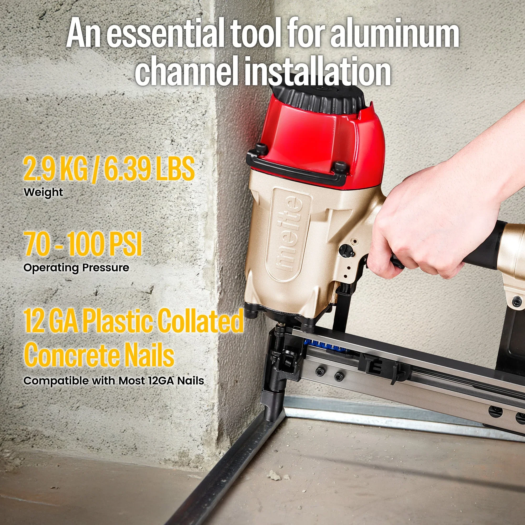 MEITE MTCS3040L Pneumatic Concrete and Steel Pinner 12Gauge 1/2 to 1-1/2 Length Concrete Nailer