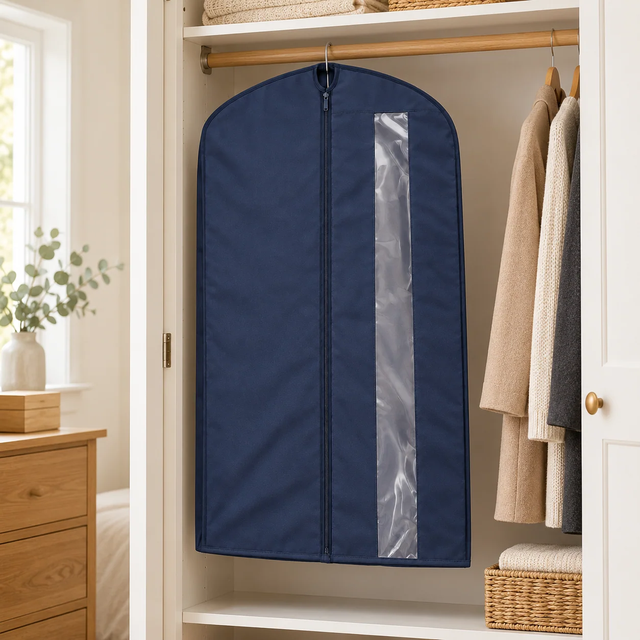 Navy Windowed Garment Cover, Mid Length