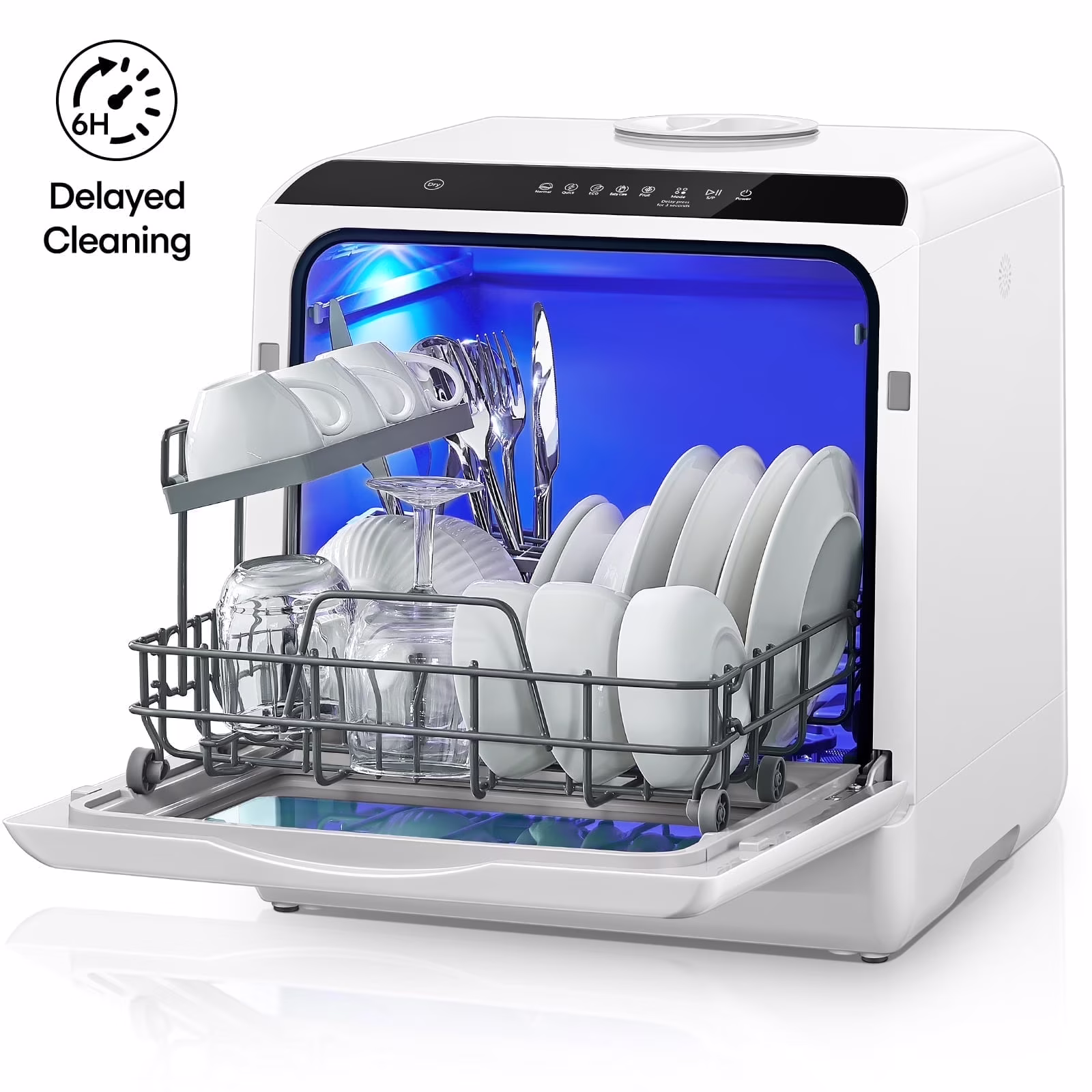 Countertop Dishwasher with 6H Delay Cleaning, Portable Dishwasher w/5L Built-in Water Tank, 6 Programs, 360��Dual Spray, High-Temp(White)