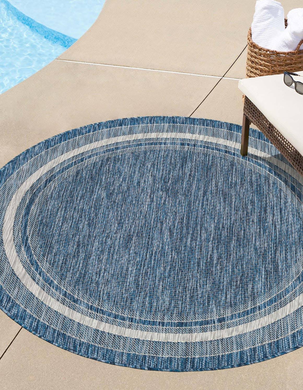 Outdoor Border 10 ft Round Blue Area Rug Indoor Outdoor Rug