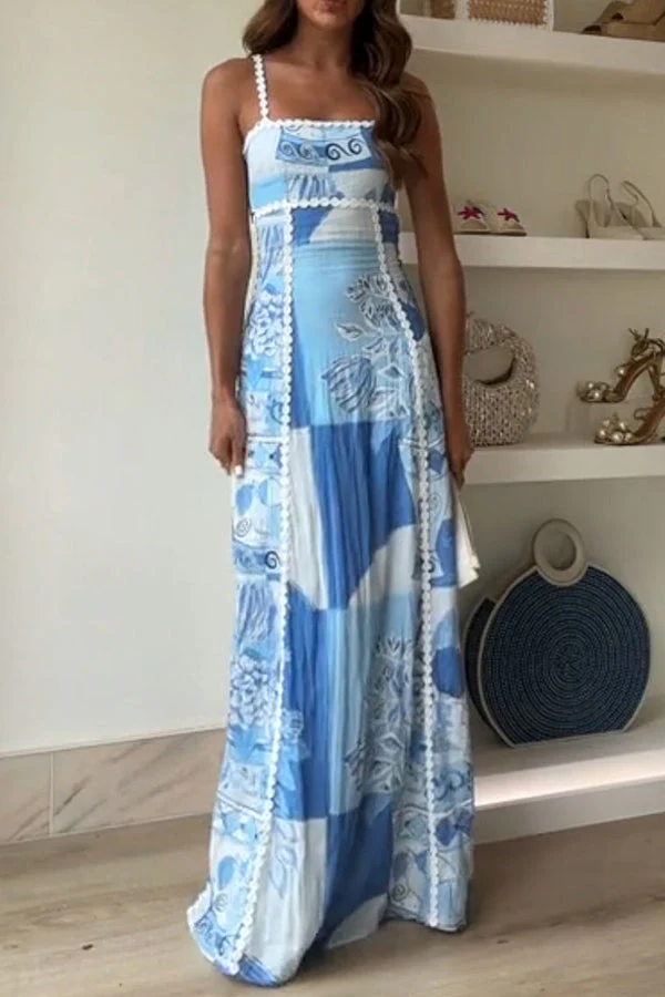 Sophie Paris | Robe Maxi à Nouer au Dos avec Galon Ric Rac et Imprimé Unique