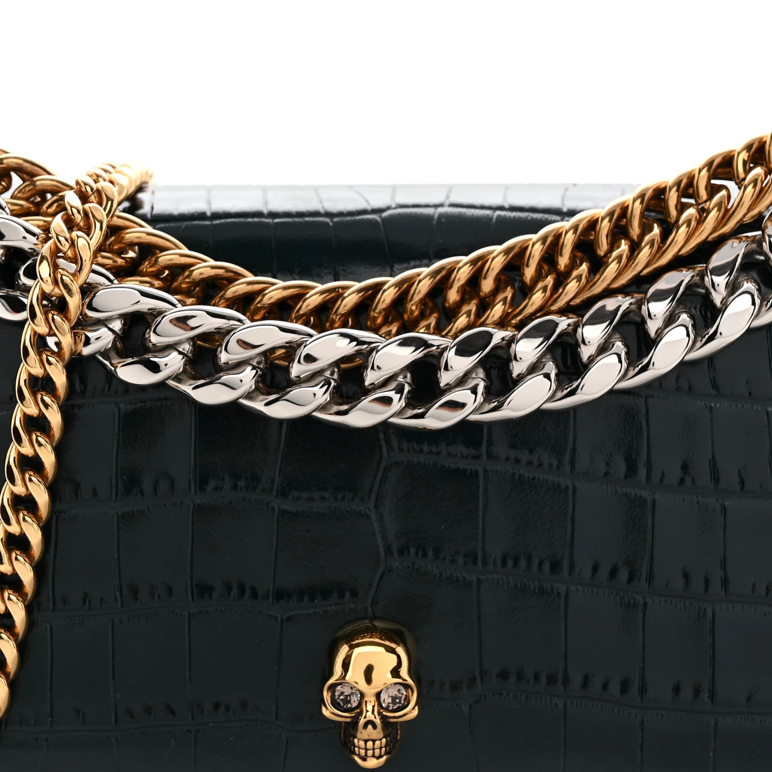 Glazed Calfskin Crocodile Embossed Small Skull Shoulder Bag Green