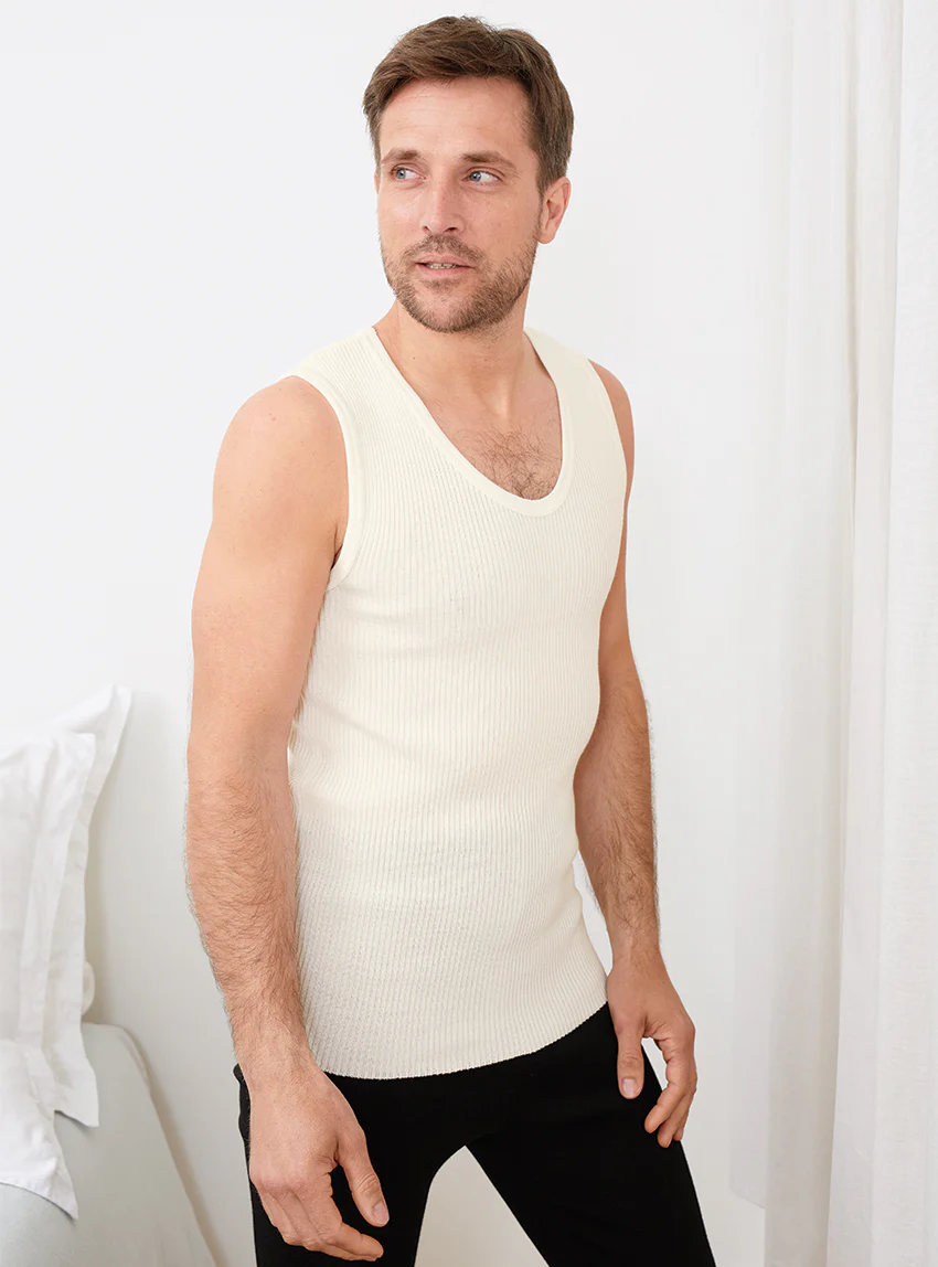 Débardeur thermique homme épais en laine blanc naturel
