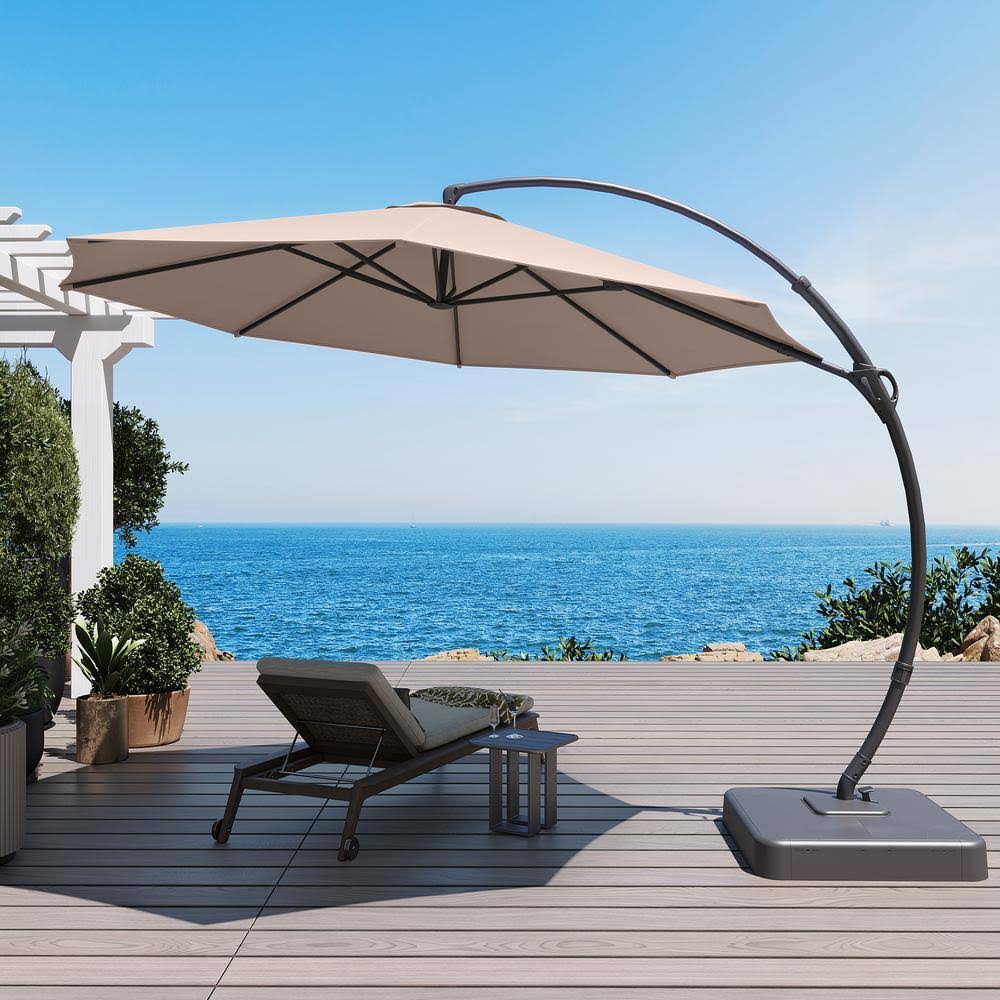 LAUSAINT Home 11ft Deluxe Patio Umbrella with Base, Large Cantilever Curvy Umbrella with 360, Champagne, Size: 11', Beige