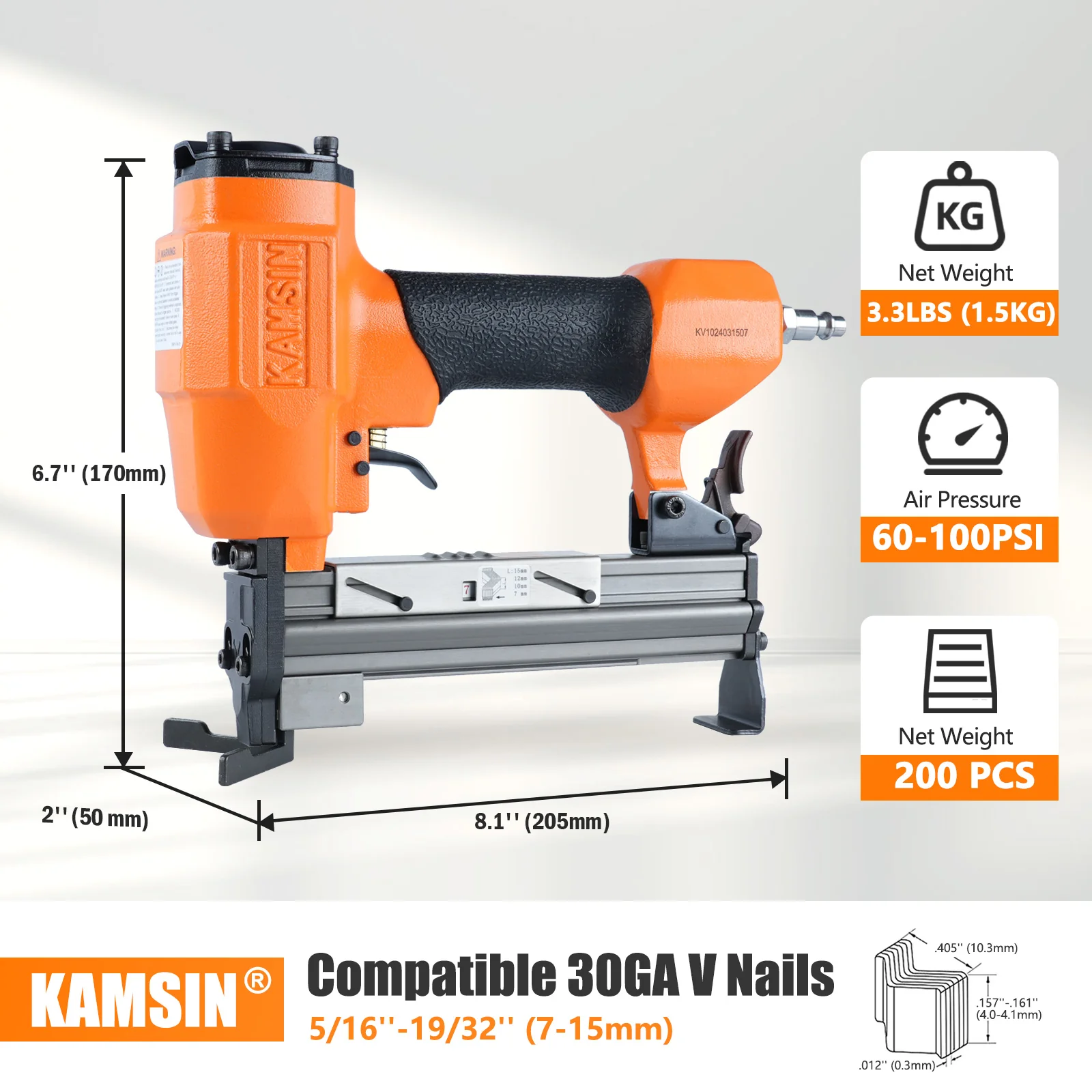 KAMSIN V1015 30 Gauge Pneumatic Framing Nail Gun, Picture Frame V Nailer 5/16'' to 19/32'', 1 Piece