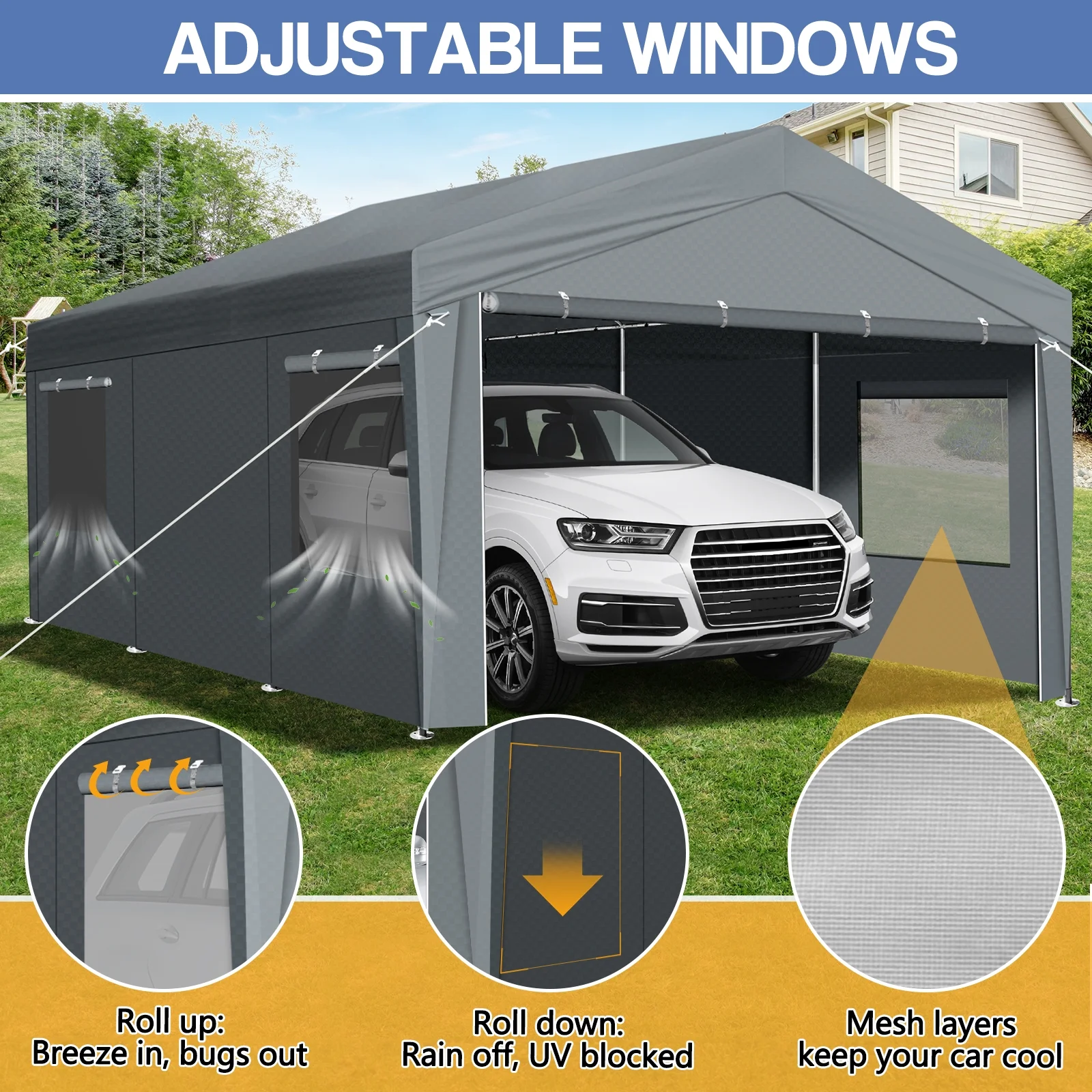 10x20Ft Carport, Large Heavy Duty Car Tent with Galvanized Steel Frame, Portable Storage Boat Shed Canopy Garage with Sidewalls Doors, Gray(10'X20'X9.2') - Image 6