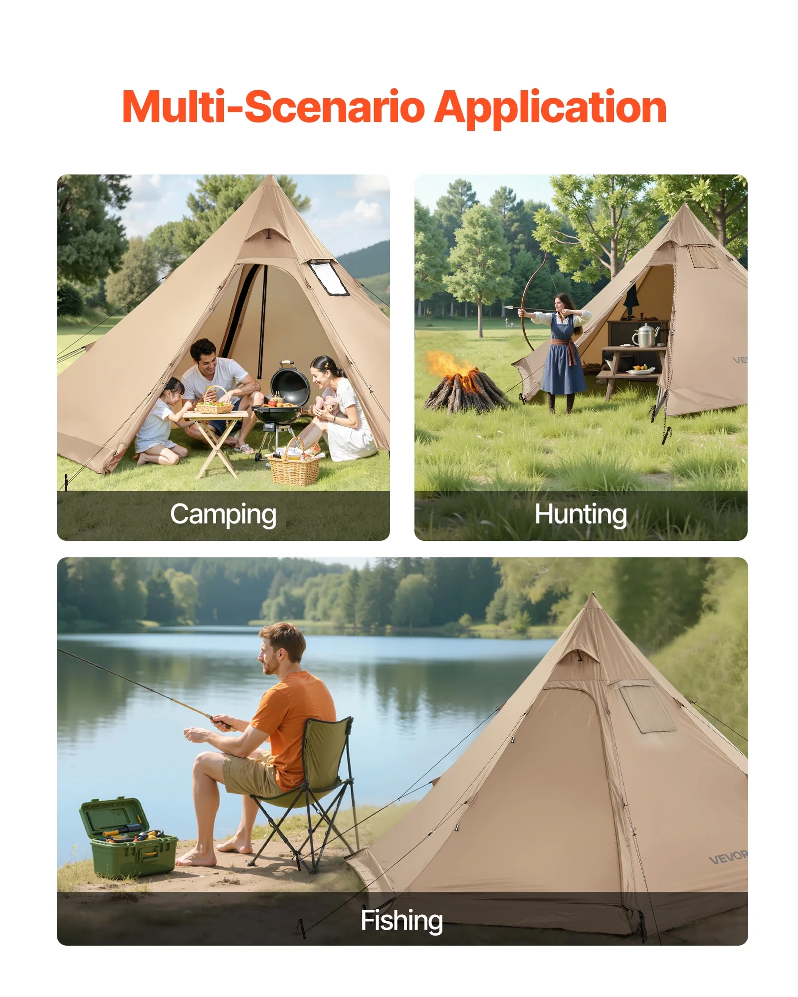 VEVOR Hot Tent for 4 Persons, Portable Winter Tipi Tent with Stove Jack, Waterproof Canvas Camping Tents, Lightweight 4 Season Shelter Tents for Hiking Fishing Backpacking, M Size
