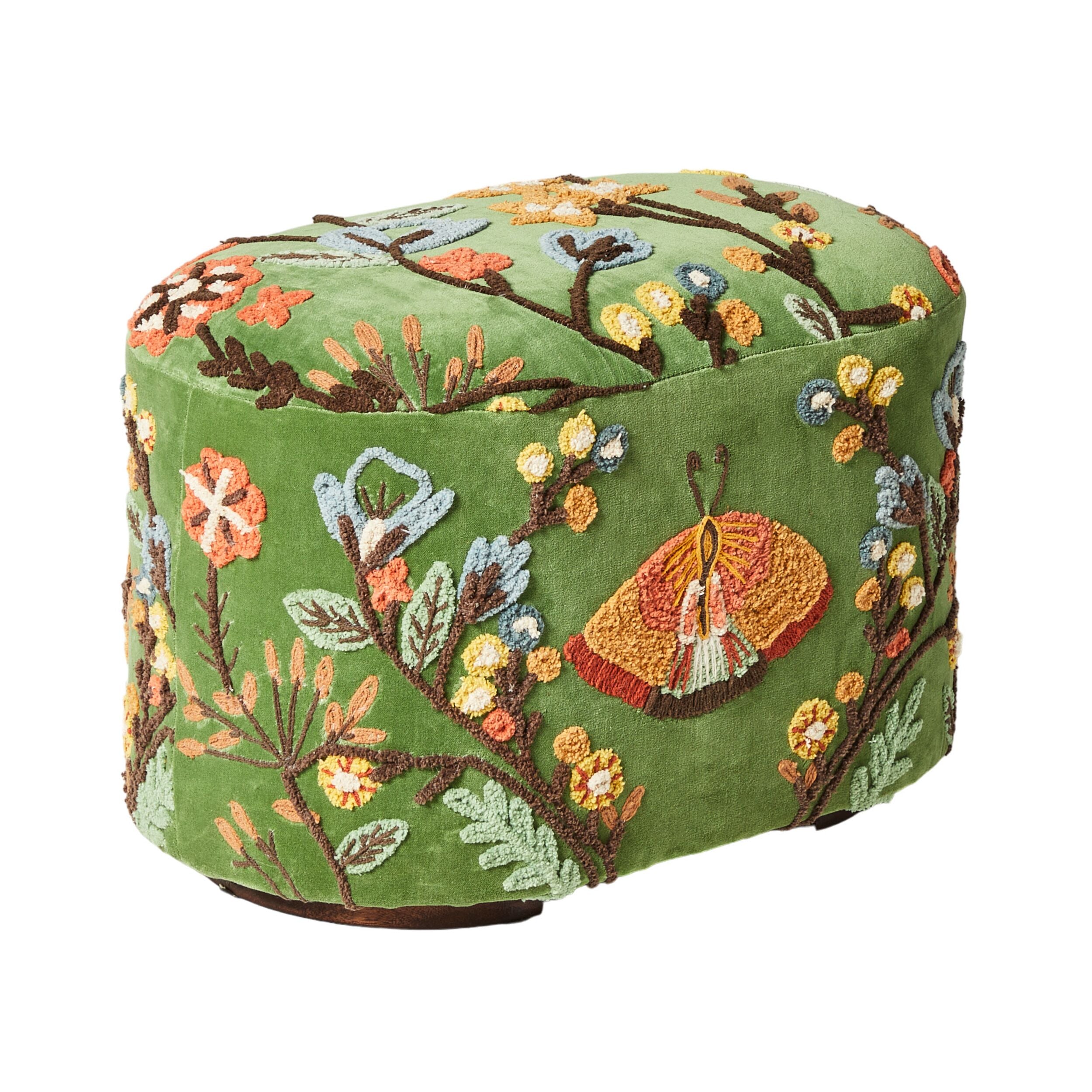 Freya Embroidered Ottoman Green Velvet