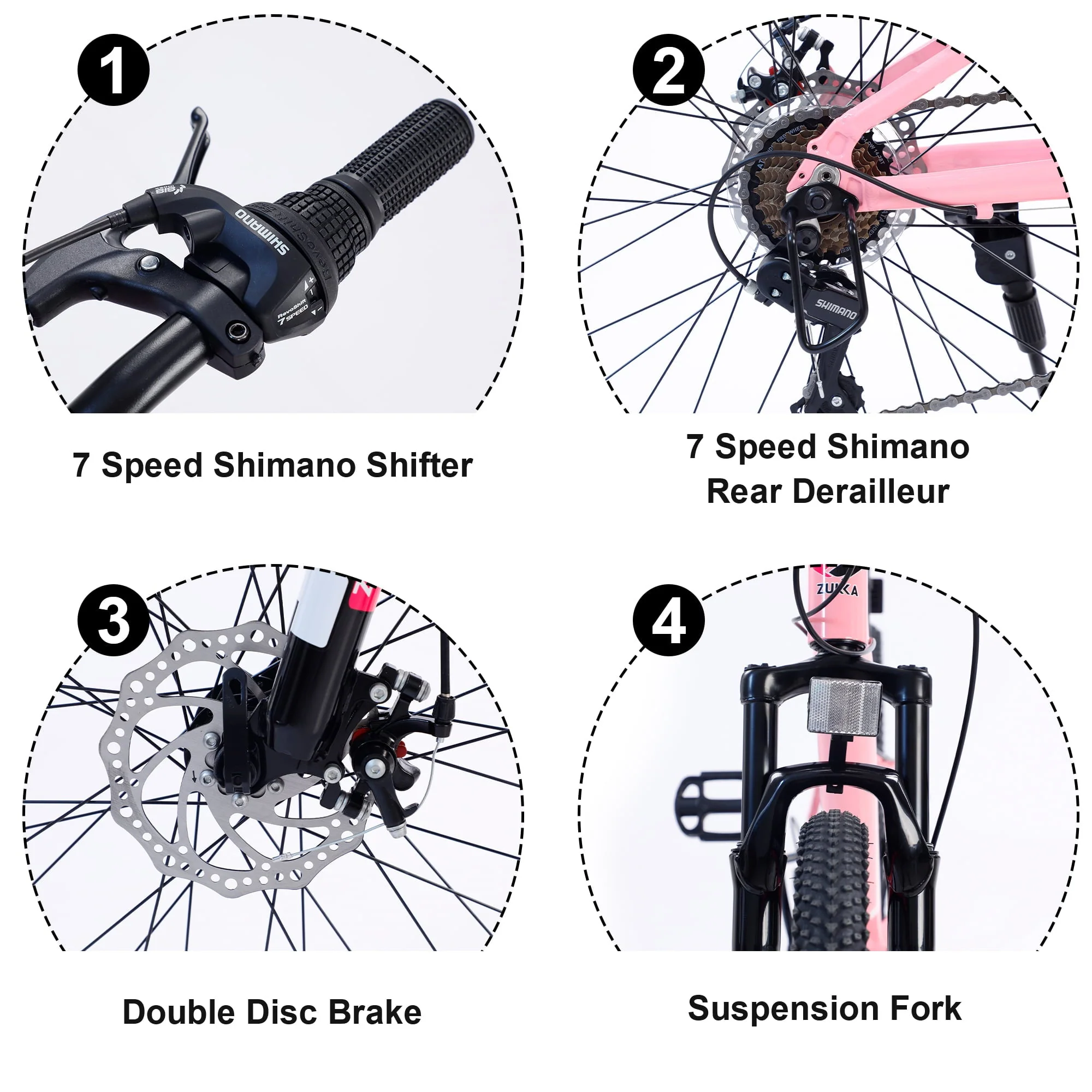 Iyofe 24 in Kids Mountain Bikes for Girls and Boys, Shimano 7 - Speed Girls Mountain Bike for 9 - 12 Years Old, Pink