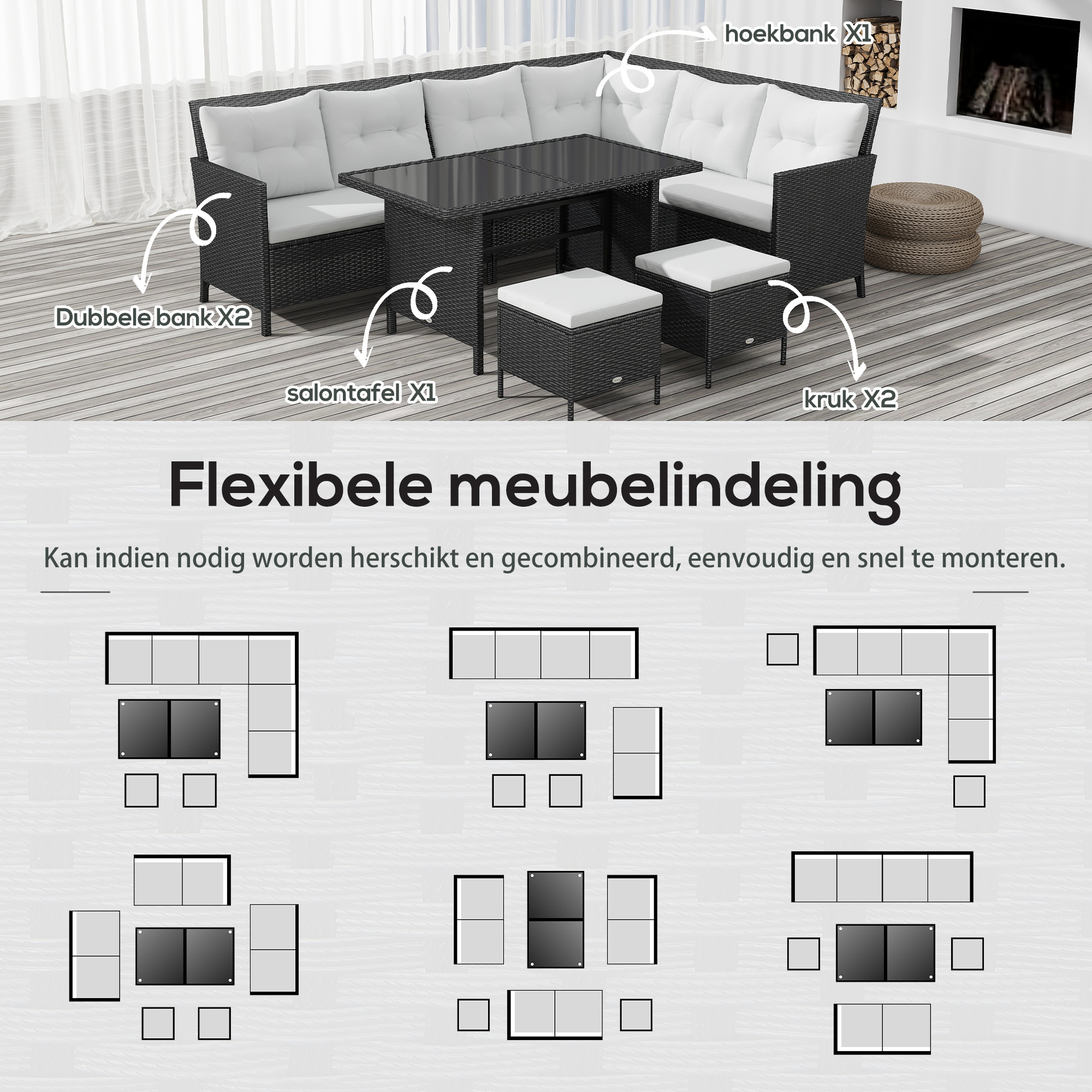 Outsunny 18-delige poly-rotan zitgroep bankstel tuinset fauteuil krukkenset