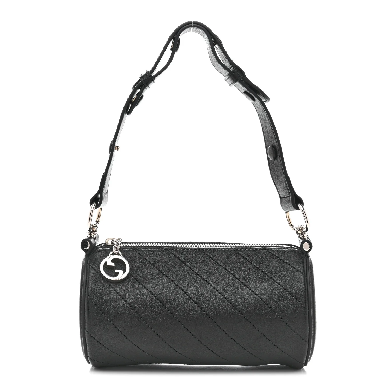 Sakai Be Green Calfskin Diagonal Stitched Mini Blondie Barrel Shoulder Bag Black
