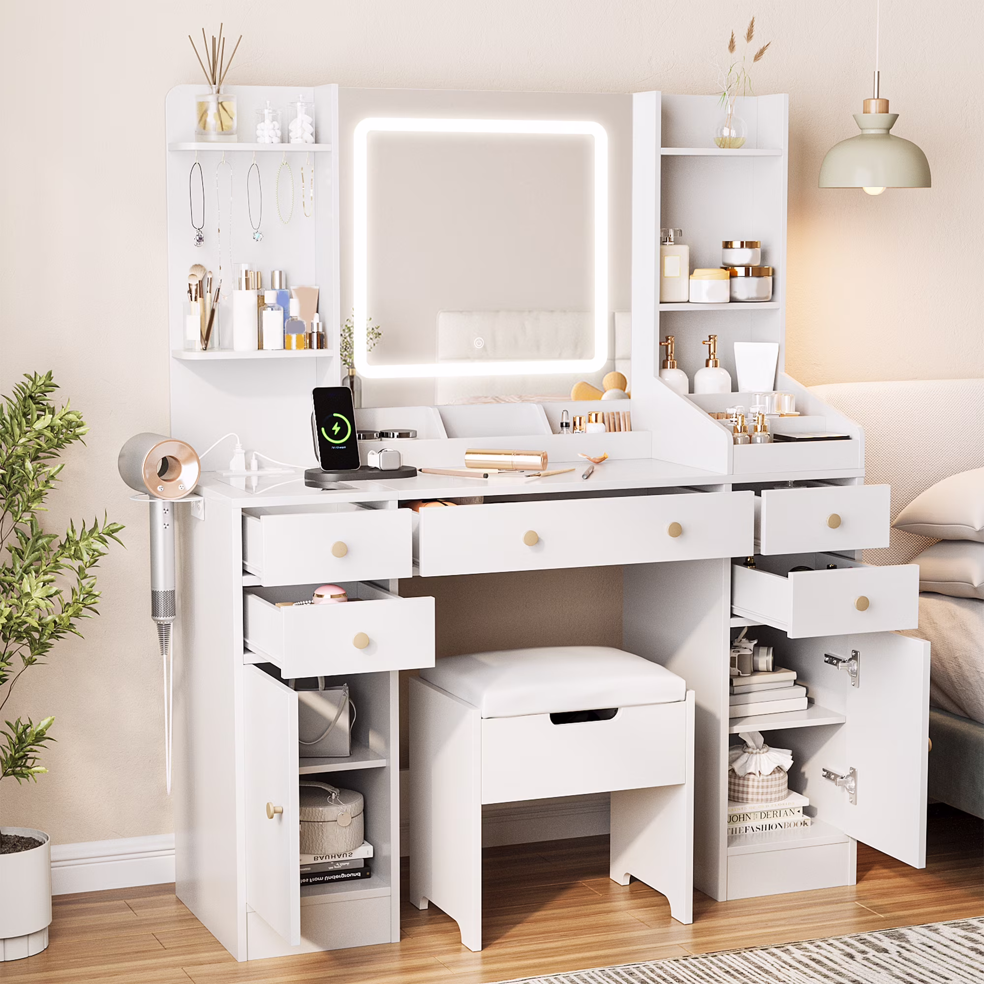 Vanity Set with Mirror and Lights, Makeup Table with Charging Station,5 Drawers Storage Shelves, White(white)