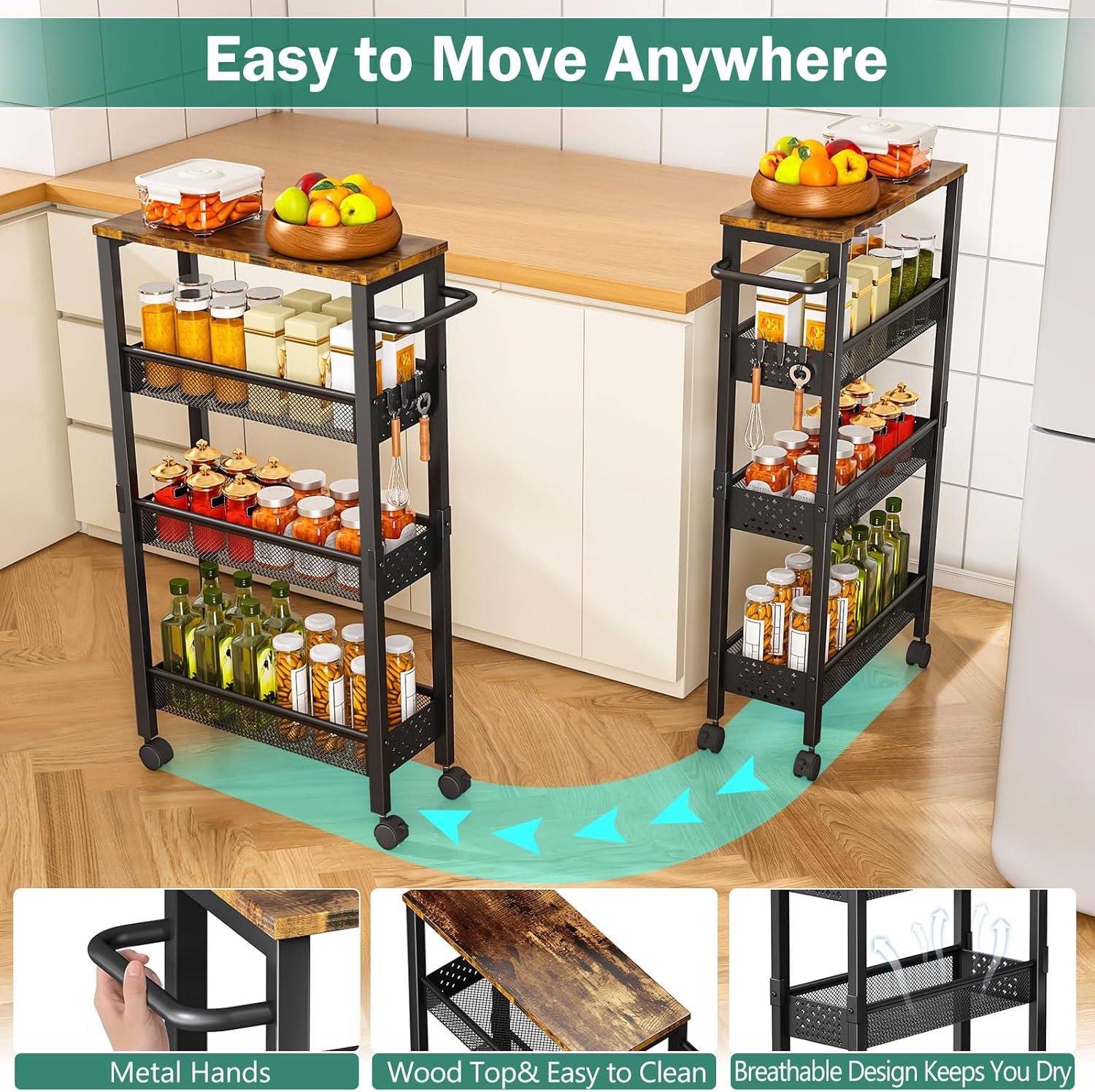 Vivihomety 4-Tier Slim Utility Rolling Laundry Cart with Wheels, Metal
