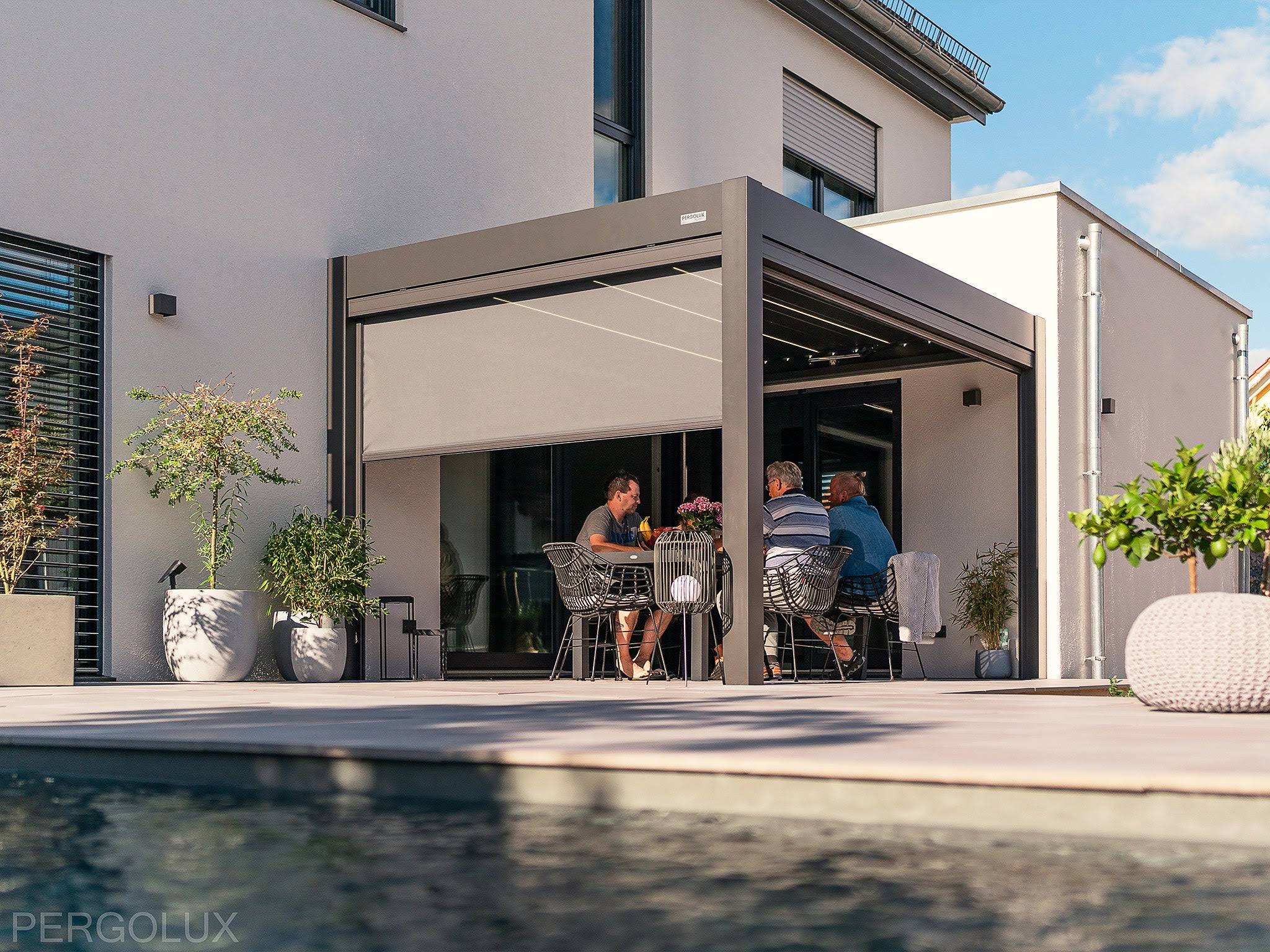 PERGOLUX Metal Pergola 'Skydance' | 10' x 10', Aluminium, Electric Adjustable Louvered Roof, Modern Scandinavian Design, Anthracite