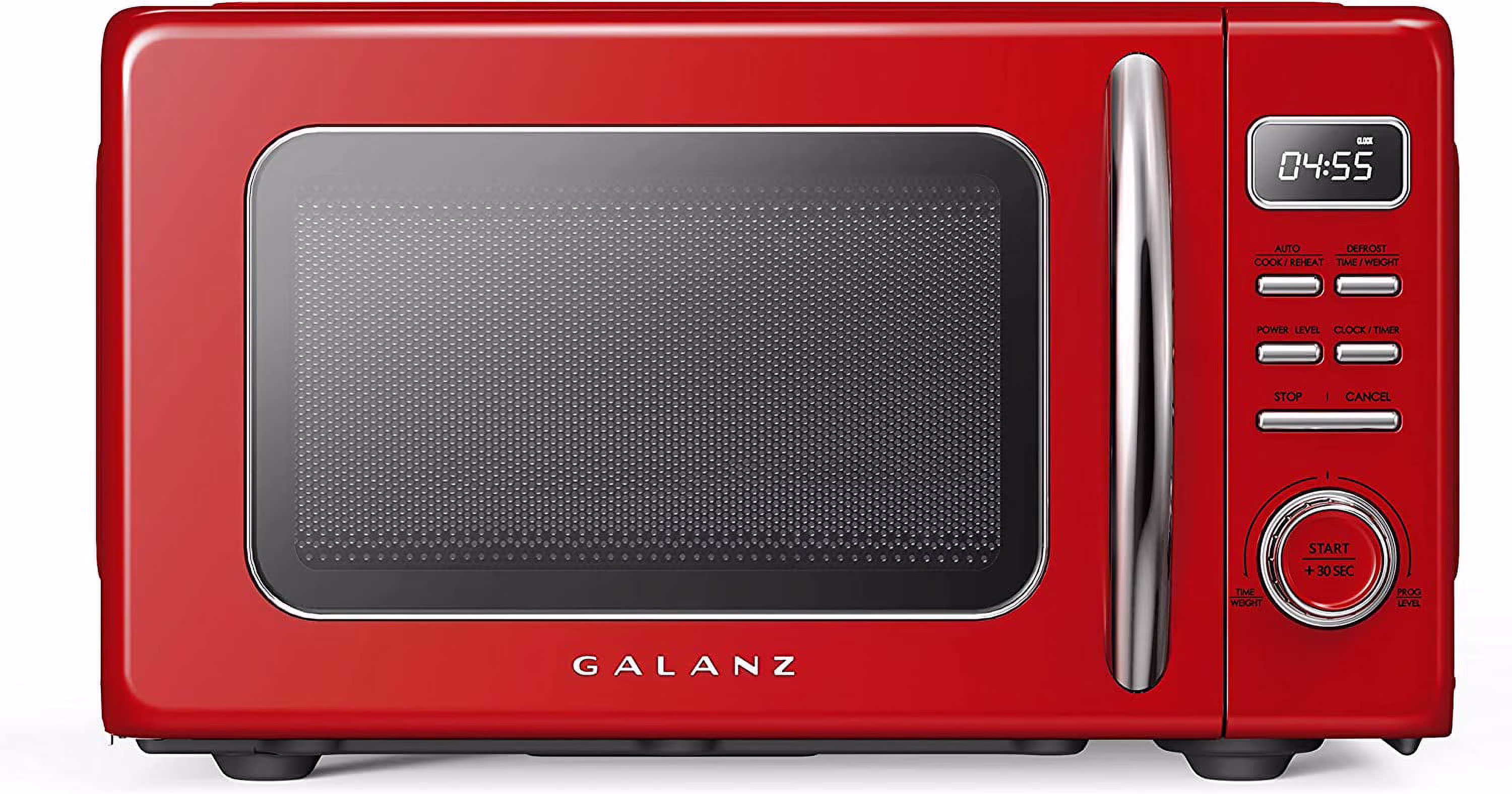 Galanz GLCMKZ09RDR09 Retro Countertop Microwave Oven with Auto Cook & Reheat, Defrost, Quick Start Functions, Easy Clean with Glass Turntable, Pull Handle, 0.9 cu ft, Red