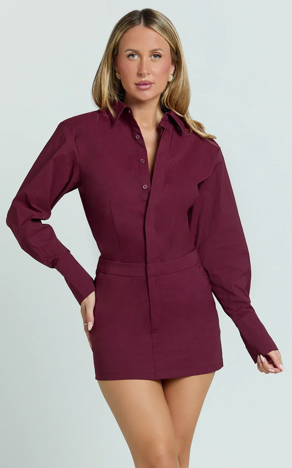 Lorrie Mini Dress - Long Sleeve Shirt Dress in Wine