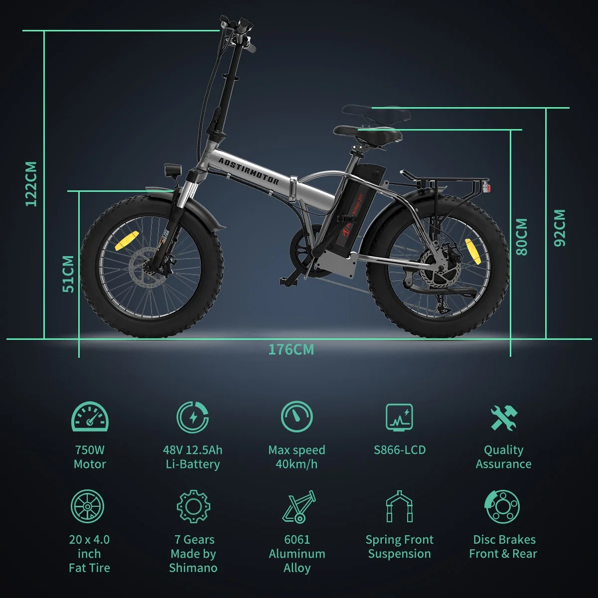 Folding Electric Bike 20 inch Fat Tire, with 750W Motor, 48V 12.5AH Removable Lithium Battery,Ebikes for Adults UL2849 - Image 3