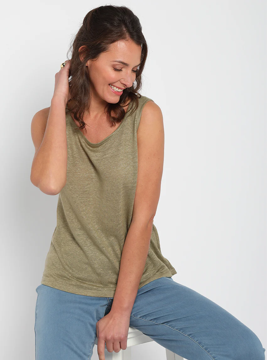 Débardeur femme en lin Vert Kaki