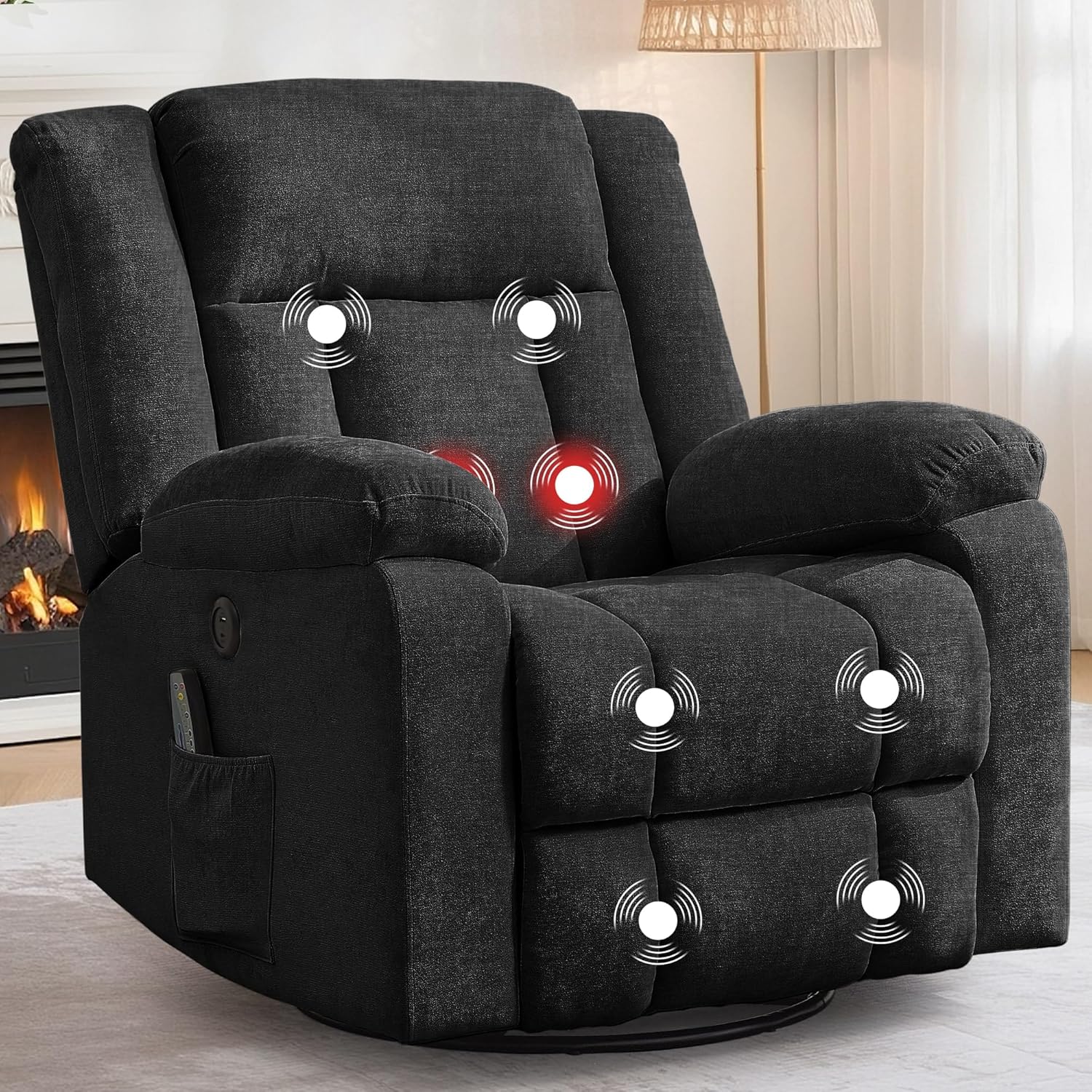 Fauteuil inclinable à bascule pivotant à 360° pour adultes, avec fonction massage et chauffage, idéal pour la chambre d'enfant, le salon, la chambre ou la chambre de bébé. Ce fauteuil pivotant offre un espace de rangement et un port USB pour recharge