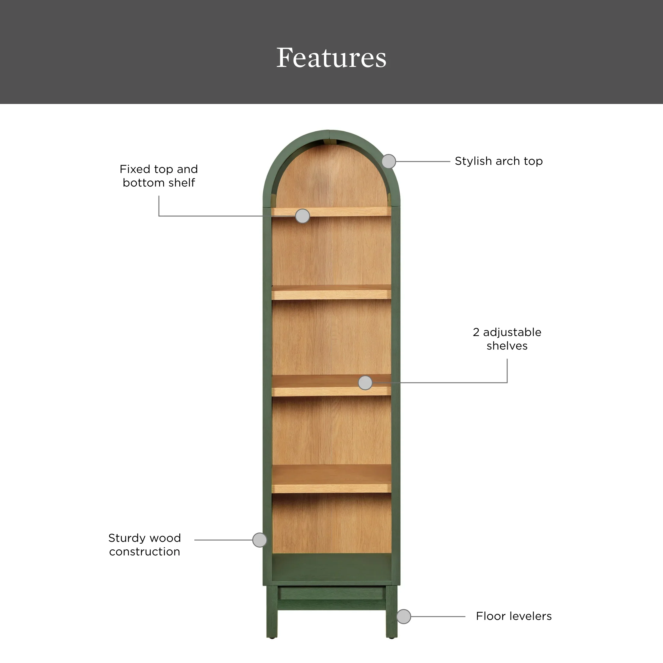 Better Homes & Gardens Juliet Narrow Arch Bookcase, Rich Black and Light Honey