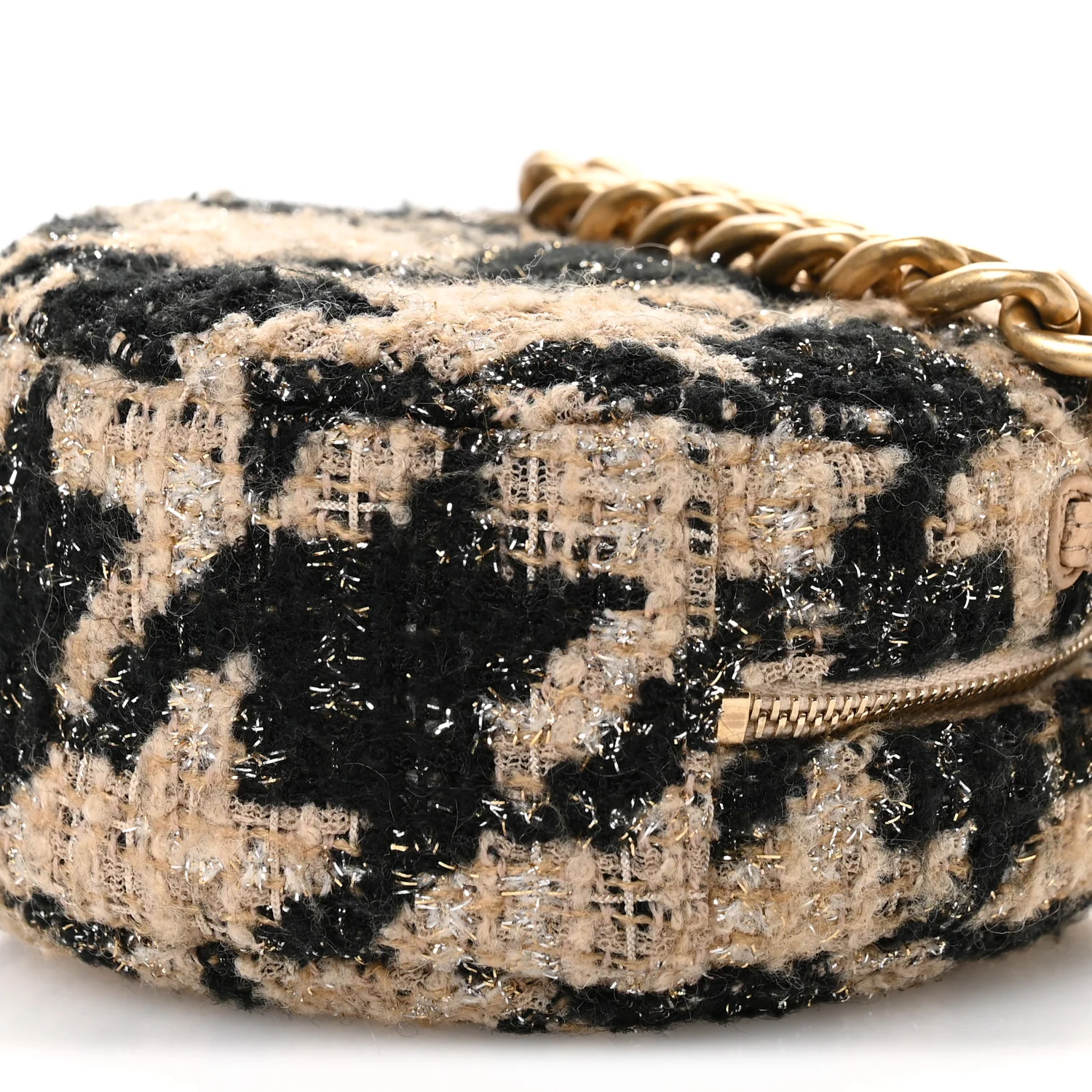 Wool Tweed Lambskin Quilted Chanel 19 Round Clutch With Chain and Coin Purse Beige Black