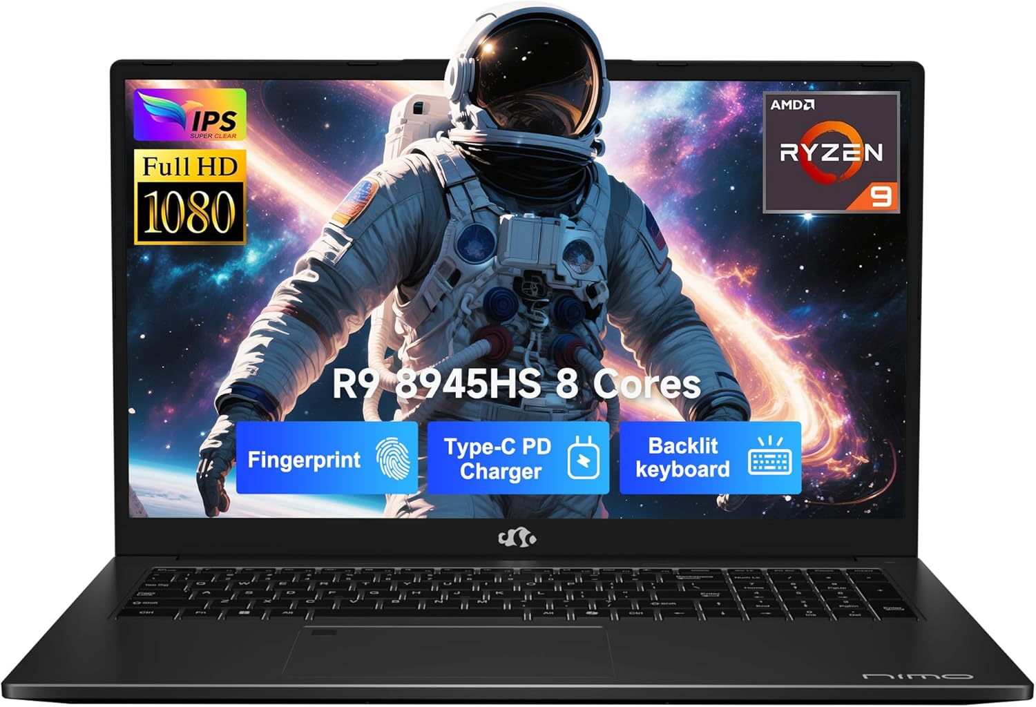 NIMO 17.3 Gaming-Laptop Ryzen 9 8945HS (Beat i9-13900H  Up to 5.2GHz) 16GB RAM  512GB SSD  Radeon 780M  PD 100W Type-C AI-Enhanced for Copilot VR Ready  Backlit Keyboard  Fingerprint
