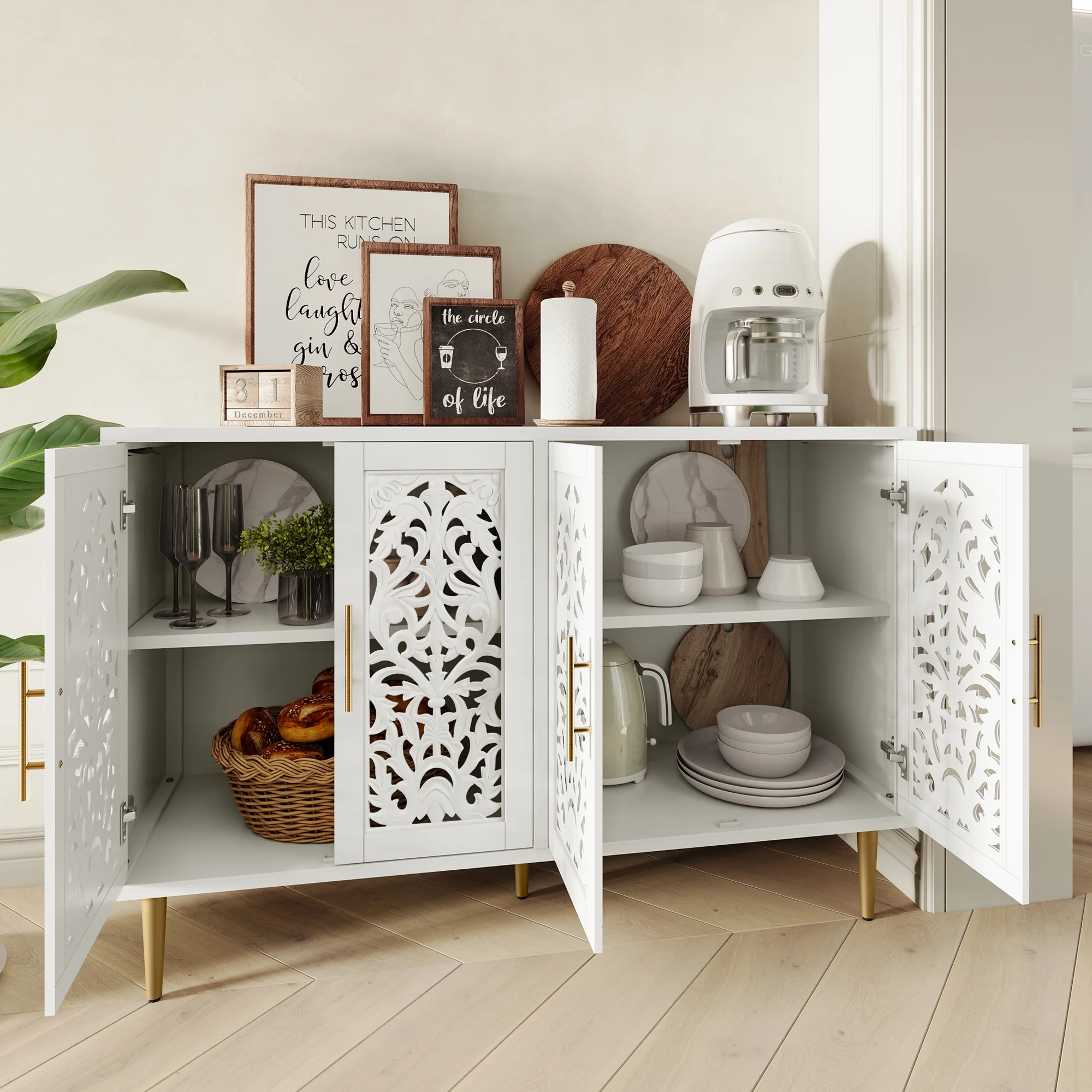 HLR 48" Accent Cabinet with 4 Doors, Vintage Hollow Carving Storage Credenza, Sideboards and Buffets Cabinet for Living Room, Kitchen, Dining Room, Entryway