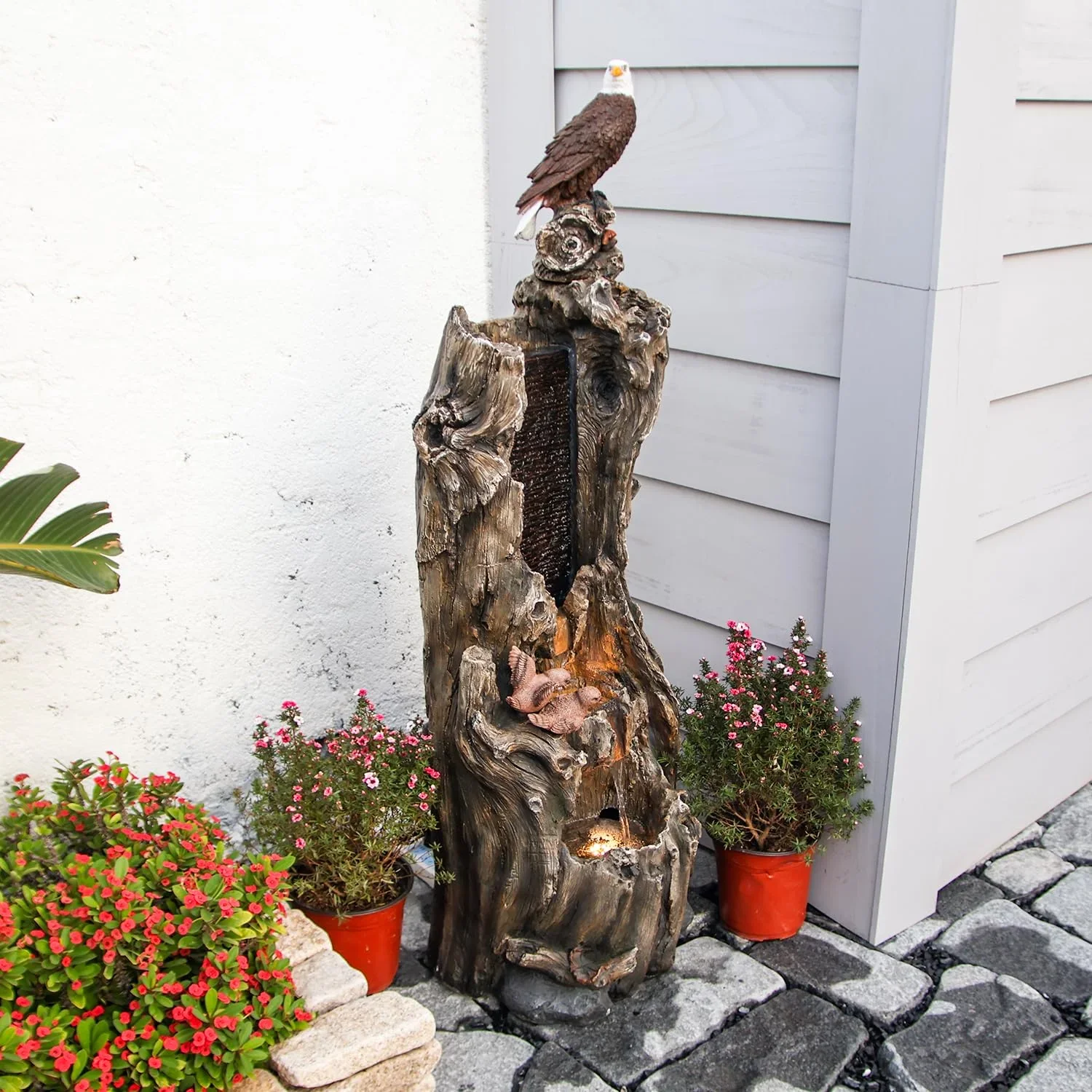 50.79 H Outdoor Rainforest Waterfall Tree Trunk Fountain with Bald Eagle Outdoor Cascading Water Feature for Garden Patio Backyard Landscape Decor 3-Tier Water Fountains