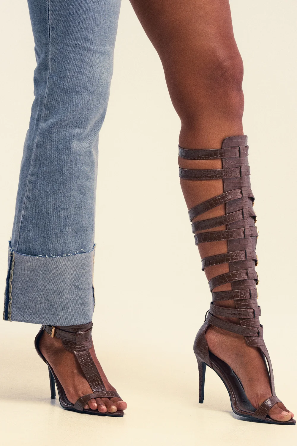 AZALEA WANG CHERELLI BROWN CROC OVER THE KNEE SANDAL - Akira Store