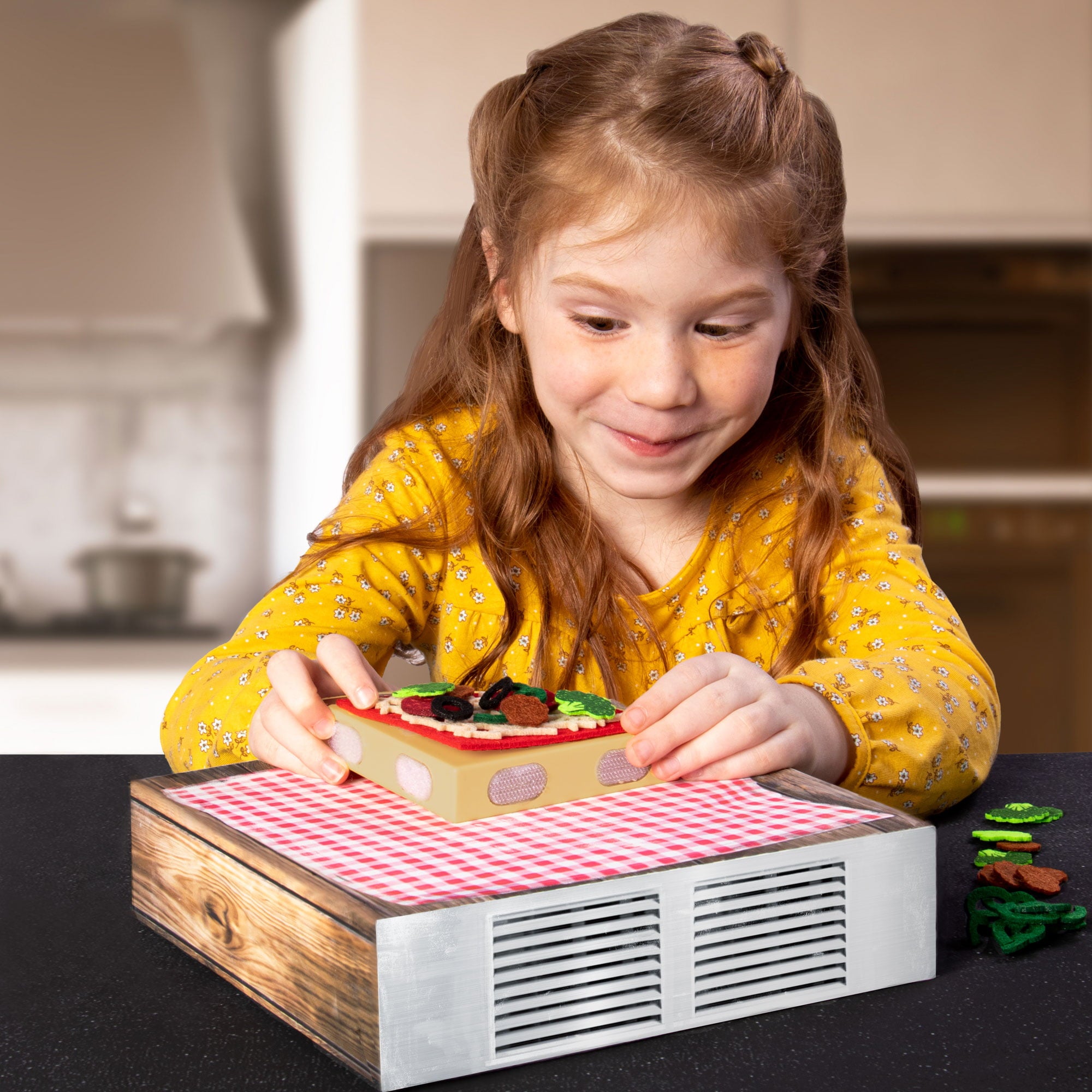 Make a Pizza - Pretend Food Playset with 4 Wooden Pie Slices. 140 Felt Toppings. Wood Roller. and 3-in-1 Cardboard Box Prep Station. Oven. & Serving Table - Cute Cooking Toys for Boys & Girls