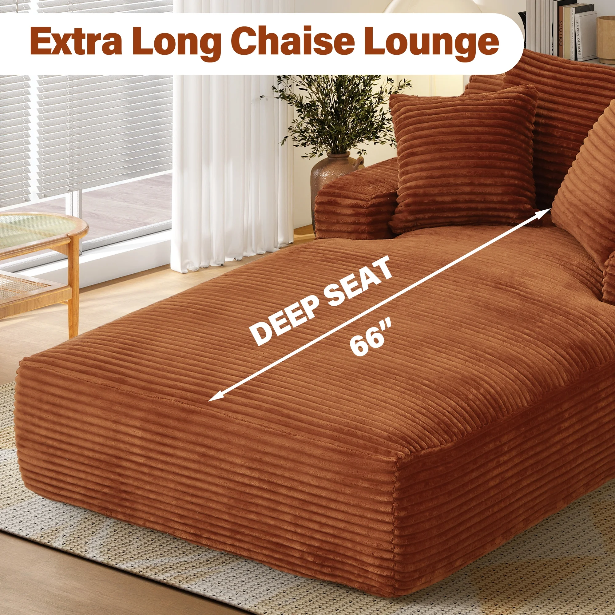 78 7" Extra Long Chaise Lounge Sofa, Oversized Upholstered Couch with 3 Pillows for Indoor Living Room/Bedroom,Orange(Orange) Image 6