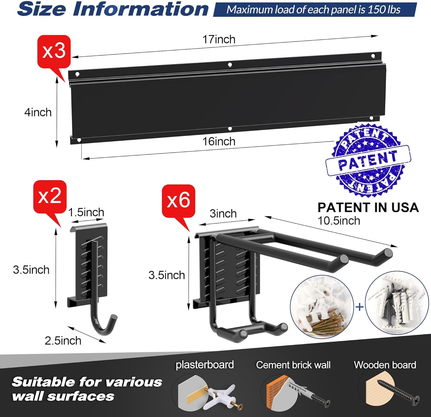 Sttoraboks Garage Wall Organizer, Heavy Duty Tool Hangers for Garage Wall with 8 Double Hooks & 3 Rails, Tool Organizer Wall Mount, Garage Hanging Storage Rack for Shovel, Rake, Broom and Ski Gear