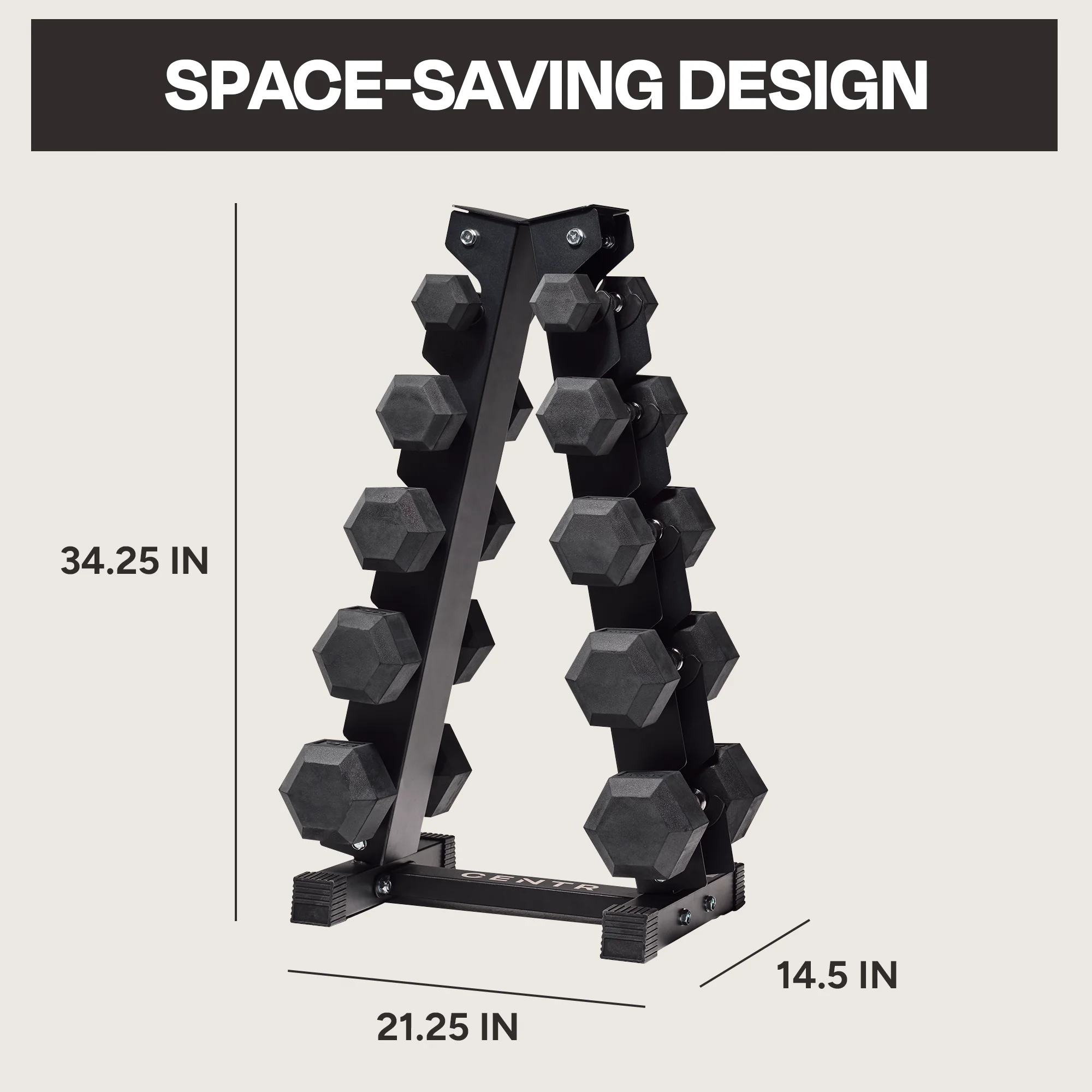 150 lb Rubber Hex Dumbbell Set with Rack, 5-25 lb Weights, Black - Image 5