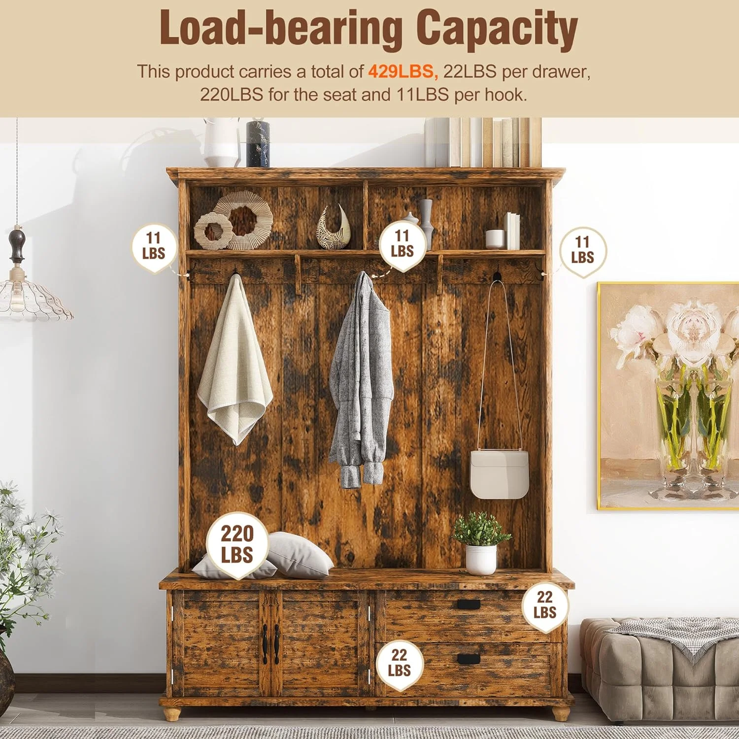 2025 New Hall Tree with 2 Large Drawers and Storage Cabinet, Coat Rack Set with Shoe Bench, Widen Mudroom Bench with 5 Coat Hooks, Hallway Shoe Cabinet for Hallway(Brown)