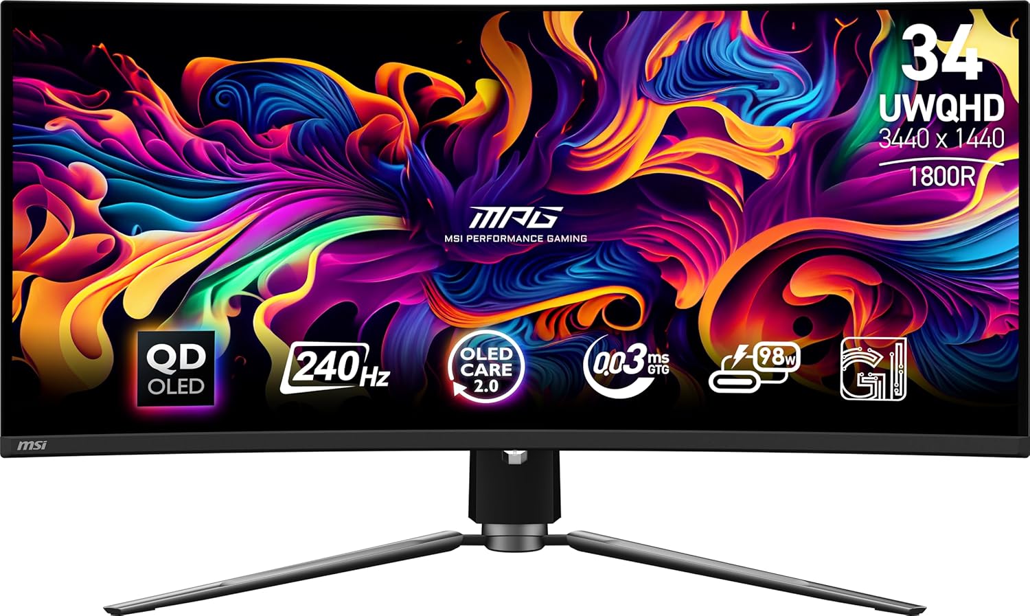 msi MPG 341CQPX QD-OLED 34-inch Curved OLED Gaming Monitor  3440 x 1440 (UWQHD)  0.03ms Response time  240Hz  True Black HDR 400  HDMI  DP Port  USB Type C  Tilt  Height Adjustable