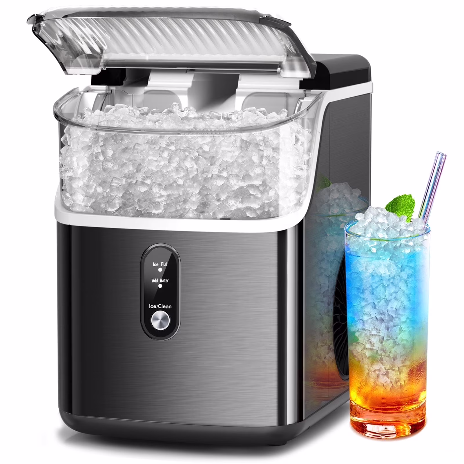 Nugget Ice Maker Countertop, Pebble Ice Maker Machine with 35lbs/24H Soft Ice, Self-Cleaning, for Home/Kitchen/Office (Black)(Black)