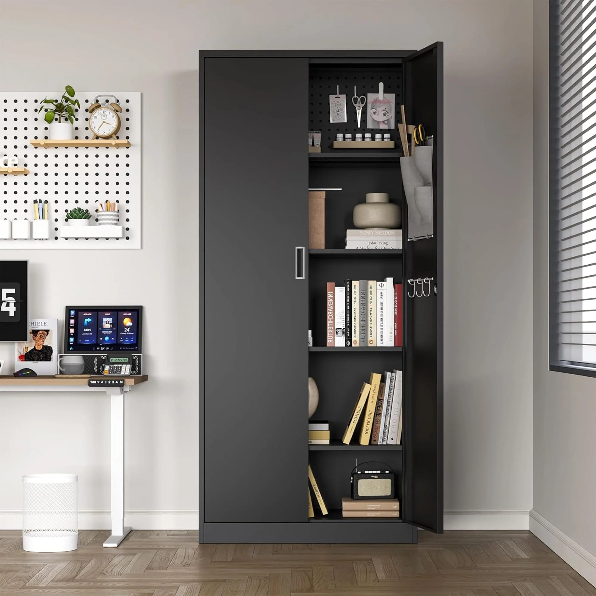 70 in, Modern Kitchen Storage Cabinet, 6 Adjustable Shelves Metal Storage Locker