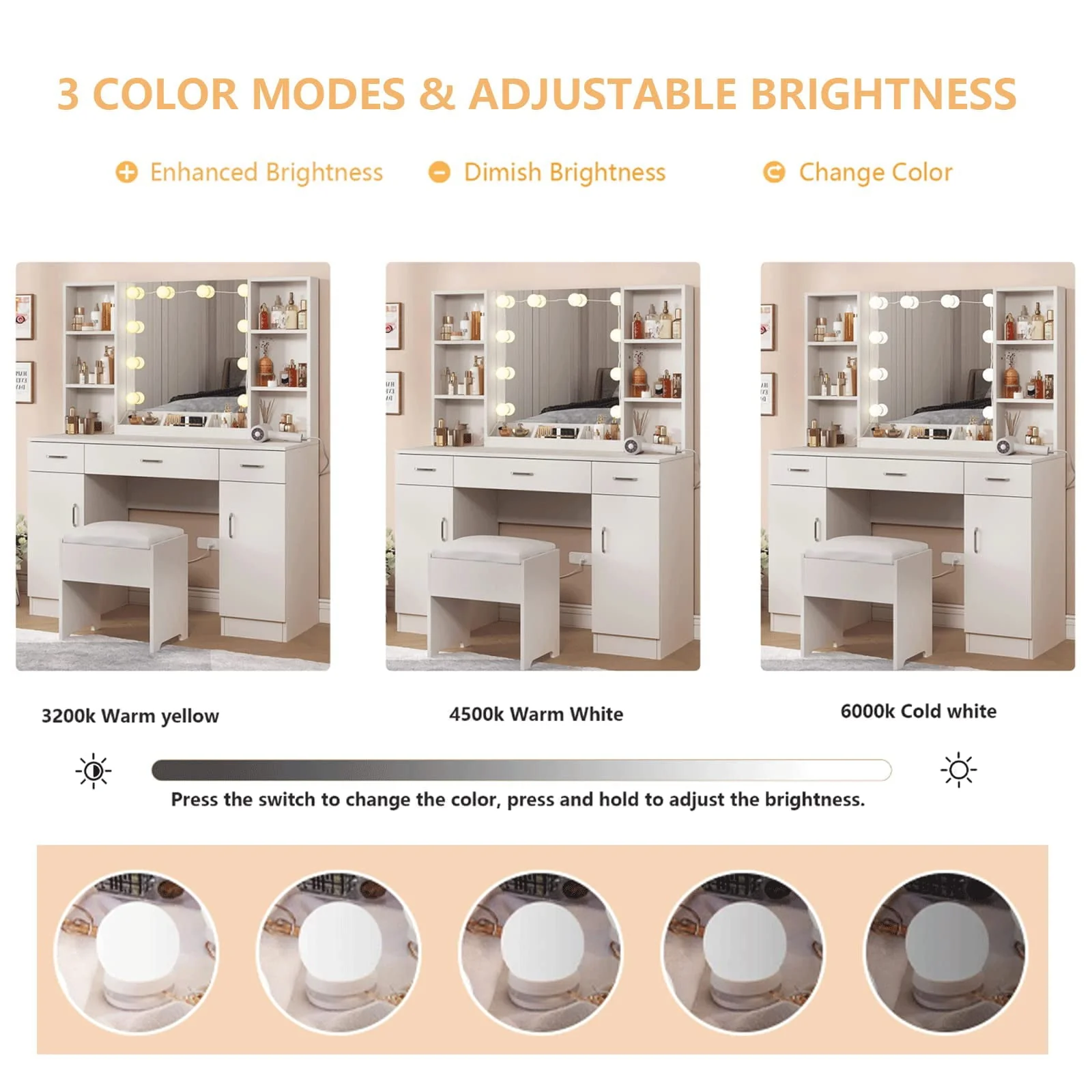 Large Makeup Vanity Set with Lights, White Bedroom Makeup Vanity Table with Storage, 3 Adjustable Lighting Colors, Modern, 45.2in(Black) - Image 8