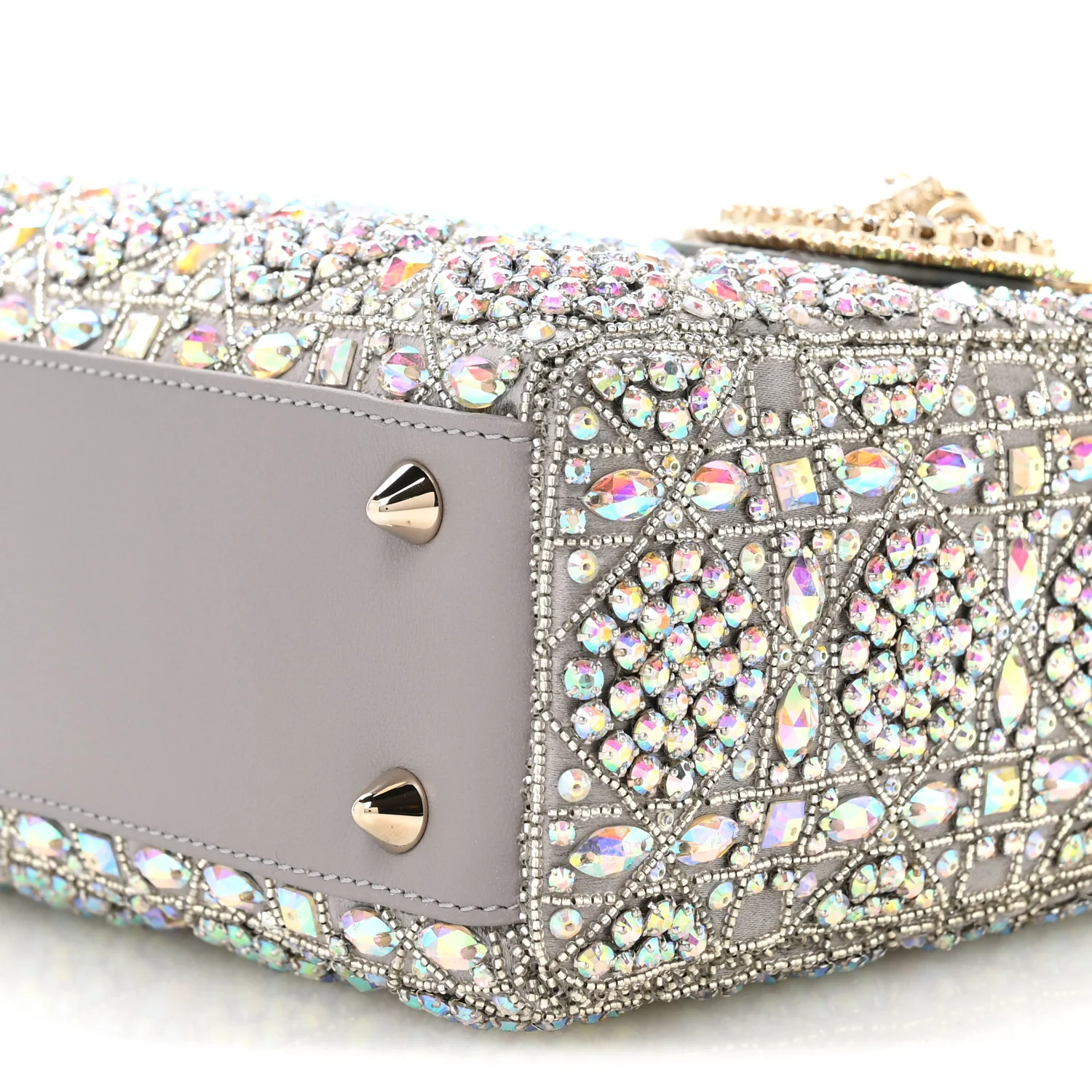 Calfskin Satin Celestial Bead Embroidery Embroidered Small Lady Dior Grey Multicolor