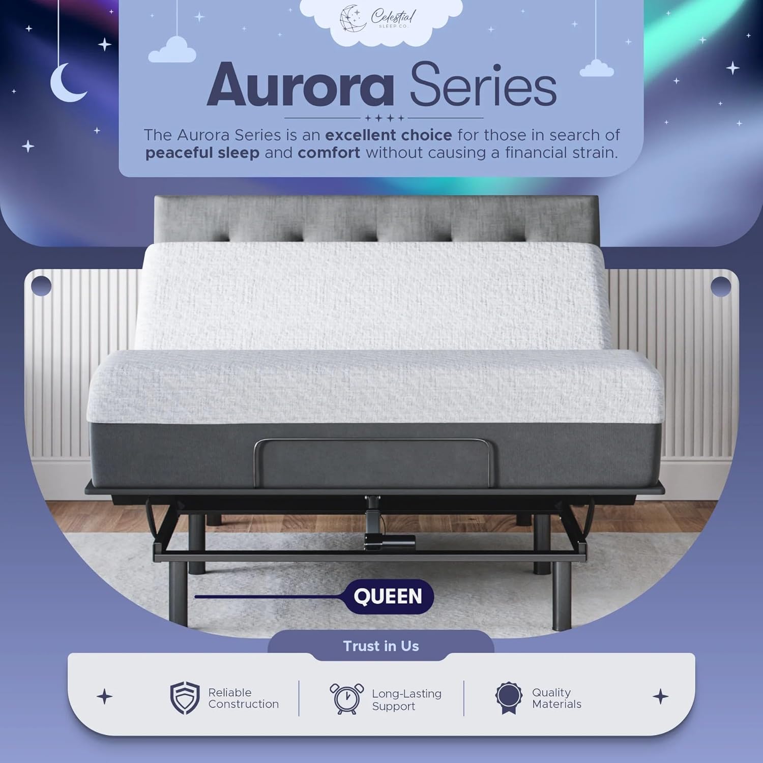 Celestial Sleep Aurora Adjustable Bed Base (Frame) + 8 inch Gel Memory Foam Mattress (Firm), Easy Assembly, Head and Foot Lift, Zero Gravity, Memory Positions, CertiPUR-US Bed - Queen
