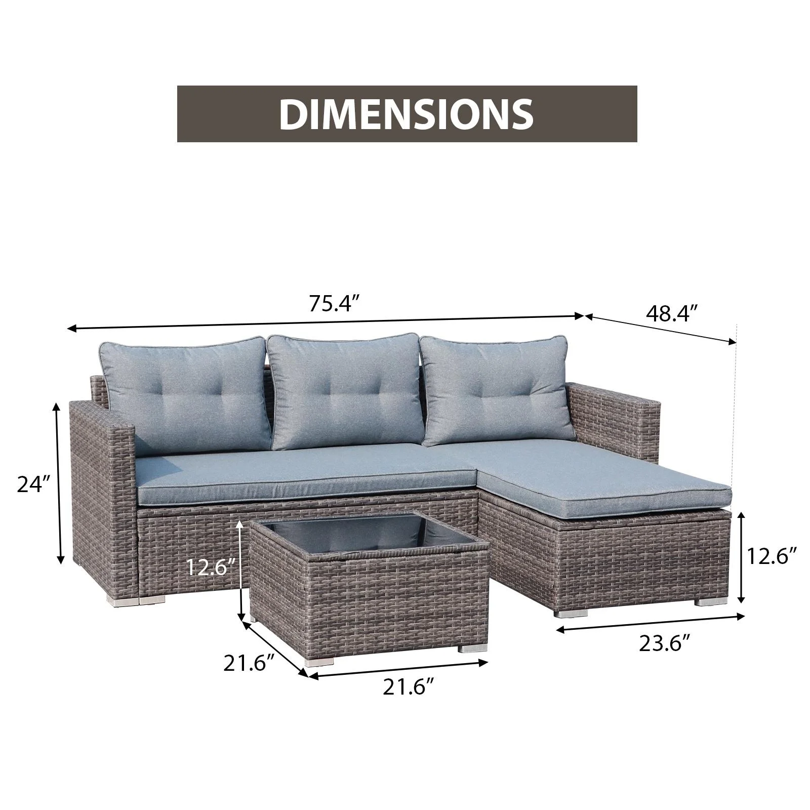 3 Pieces Patio Conversation Set, PE Wicker Rattan Outdoor Furniture Set, 2 Ways Small Sectional Sofa, Tempered Glass Coffee Table, Silver-Gray(Silver-Gray) - Image 4