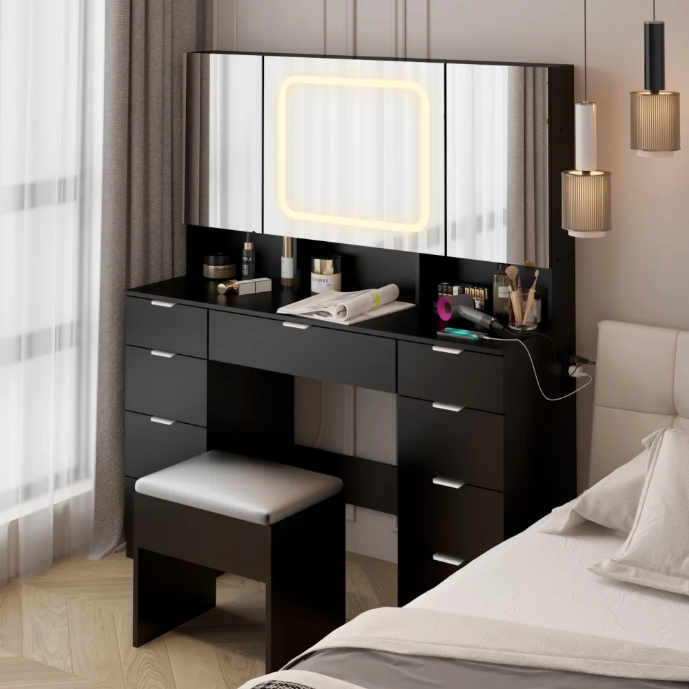 Vanity Desk Set with Large LED Lighted Mirror Power Outlet, Makeup Dressing Table with 9 Drawers and 3 Cabinets in Mirrored Doors, 47" Vanity Table with Cushioned Stool for Bedroom, Black(Black) - Image 2