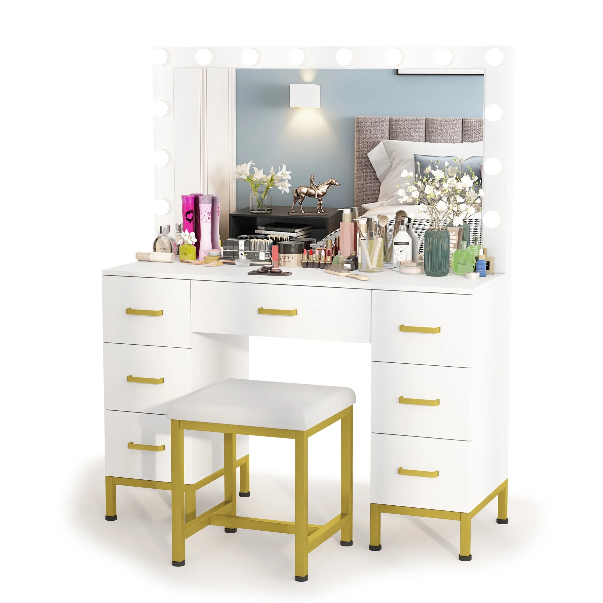 PAKASEPT Vanity Set with Lighted Mirror, Makeup Vanity Dressing Table with 14PCS LED Bulbs, Cushioned Stool 7 Drawers, Large 44" White Vanity for Bedroom, Powder Room Image 4