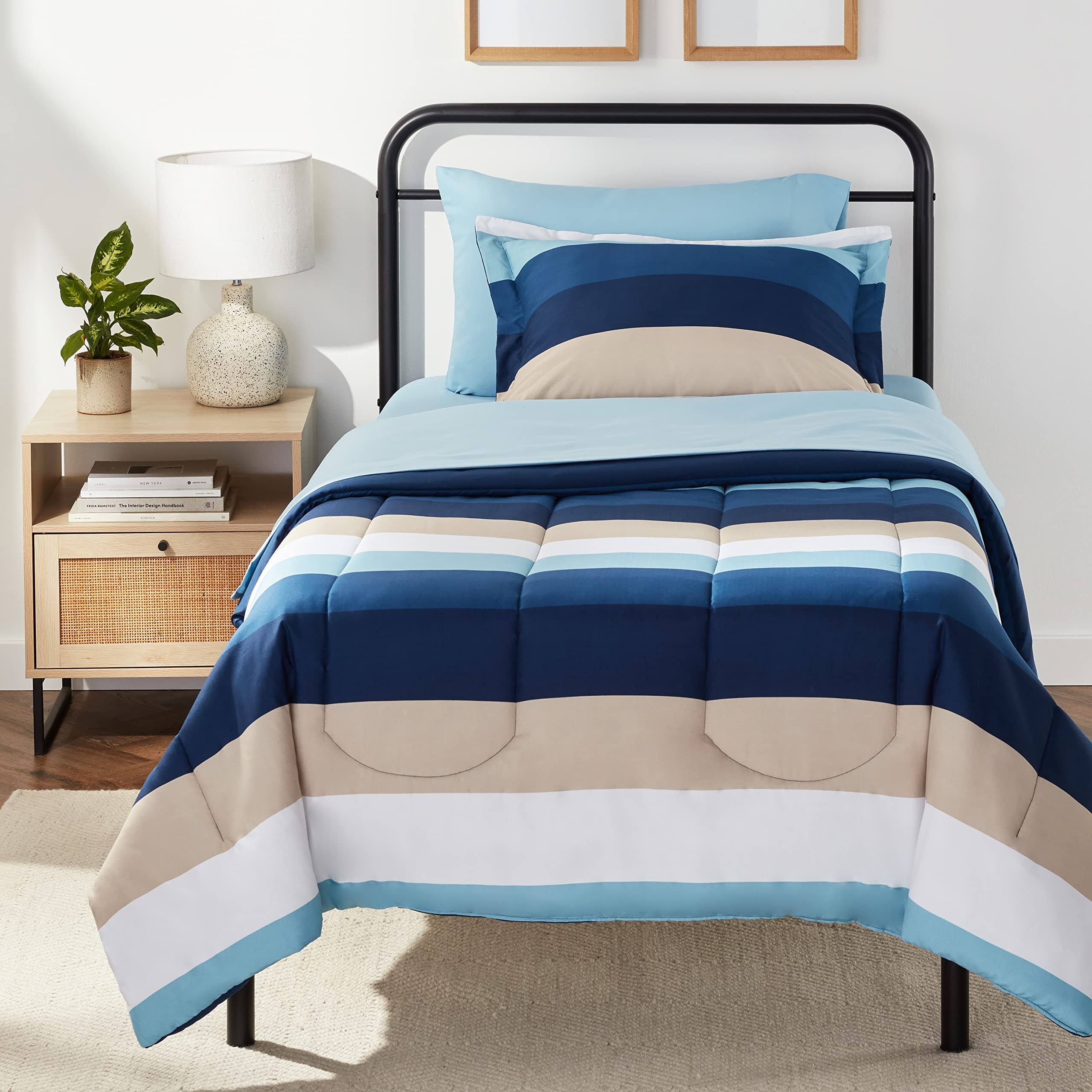 Amazon Basics Lightweight Microfiber Bed-in-a-Bag Comforter 5-Piece Bedding Set, Twin/Twin XL, Blue Stripe, Striped