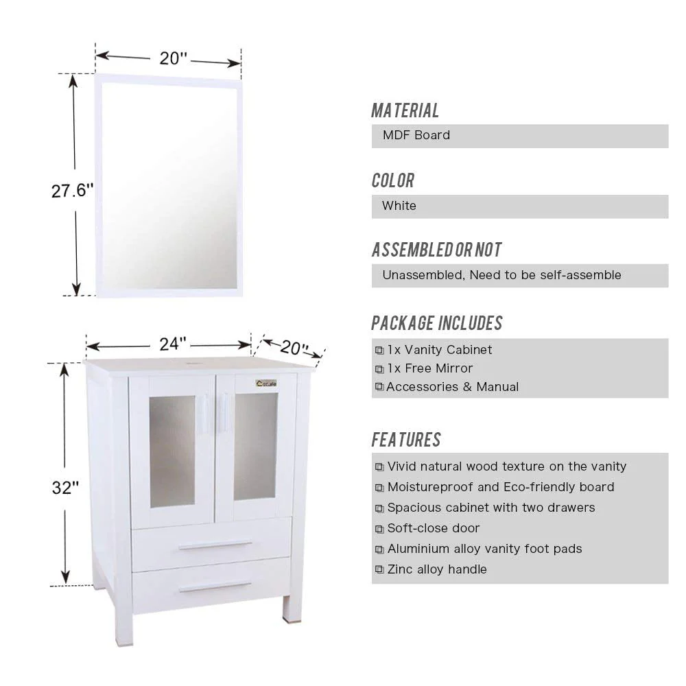 Eclife 24"w x 20"d x 32"h Classical Bathroom Vanity Vessel Sink Set with Faucet, Mirror White Vanity and Ocean Blue Square Glass Sink Pop up Drain Combo