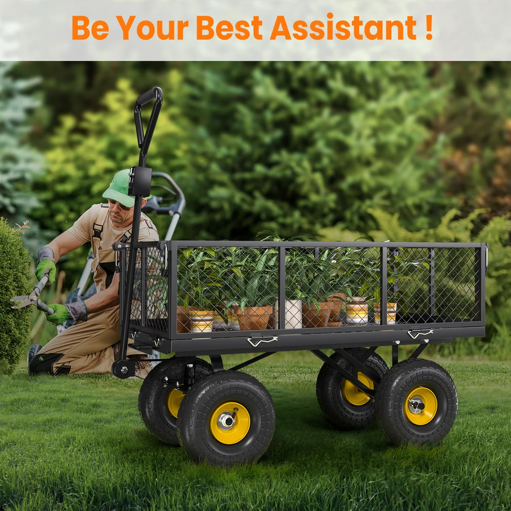 VECUKTY Heavy Duty Steel Dump Garden Cart with Liner, 900lbs Wagon 3 Cu ft 10 Wheel, Black