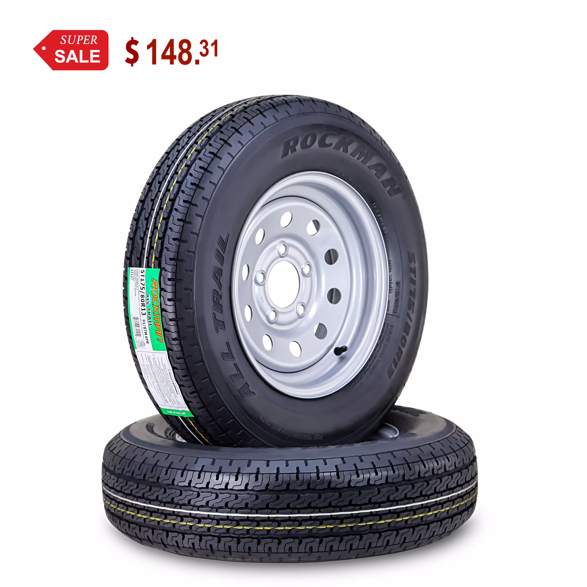 ROCKMAN Trailer Tire Wheel Assembly ST175/80R13 6 - Ply C 91M 5 Lug on 4.5