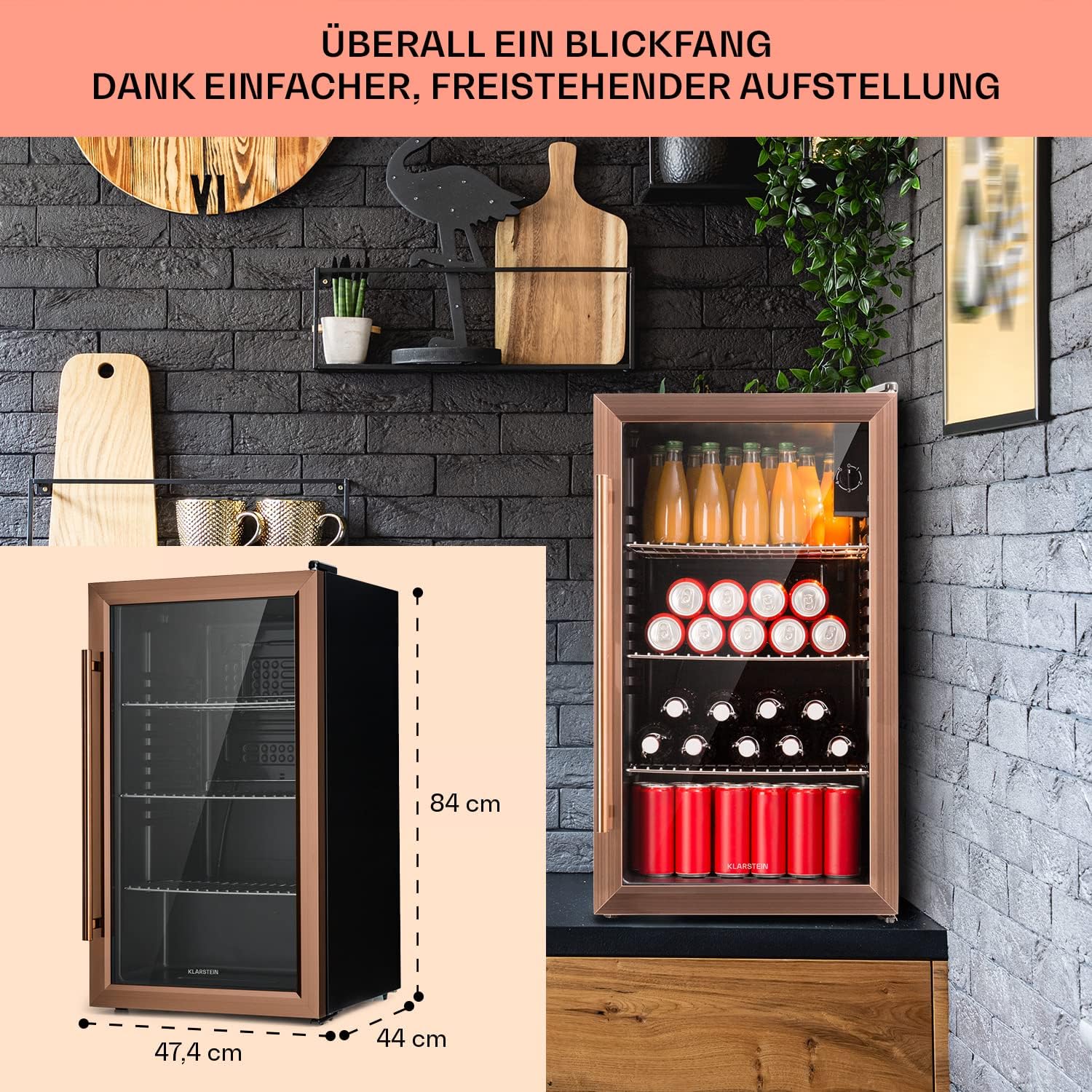 Klarstein Mini Koelkast met Glazen Deur voor Kamer, Drankenkoelkast met Verstelbare Planken, Klein 80 Liter, Indoor/Outdoor Koelkast Stil