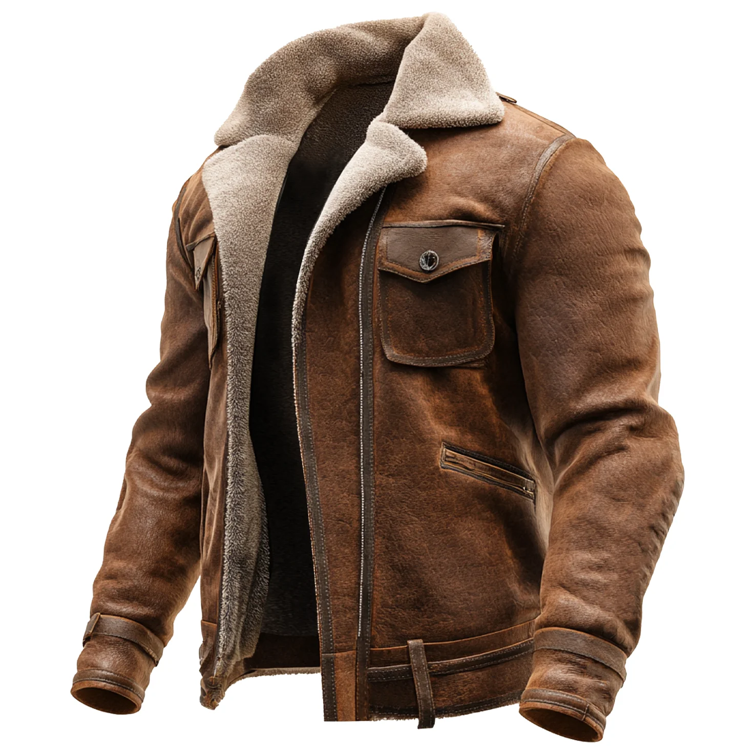 Veste en Cuir Marron Vintage avec Doublure en Fourrure Synthétique