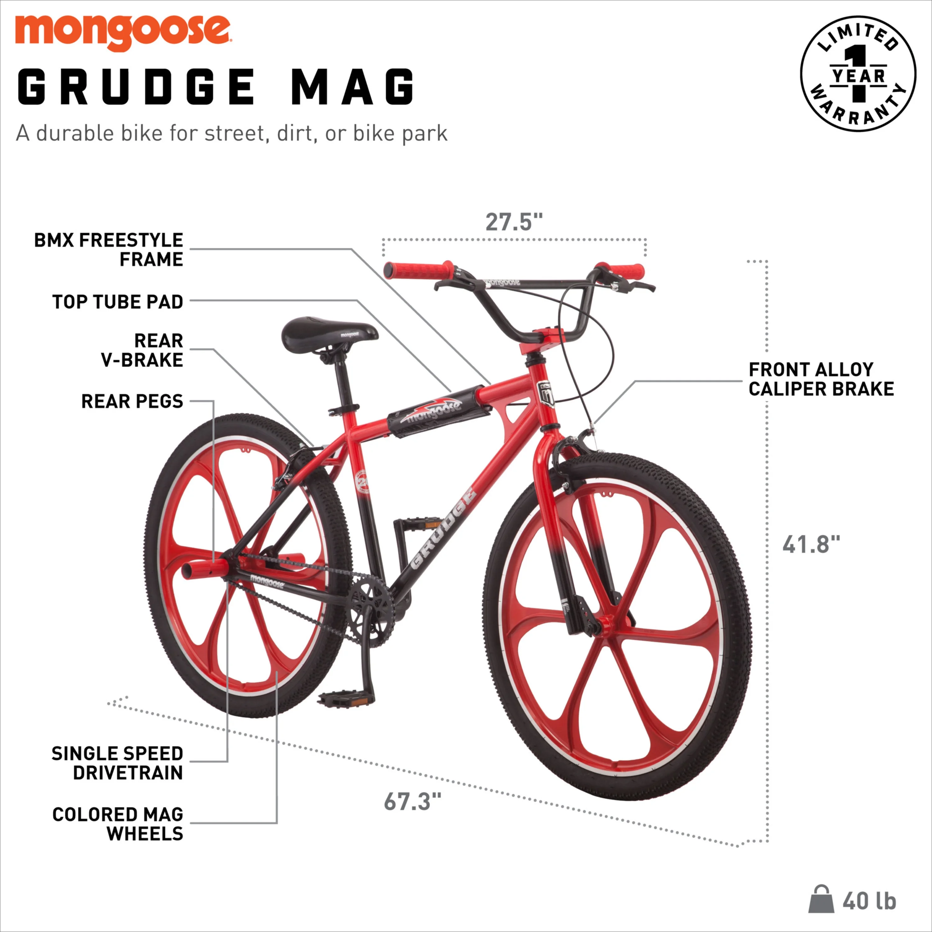 26 In. Grudge Mag BMX Freestyle Bike, Single Speed, Red / Black - Image 7